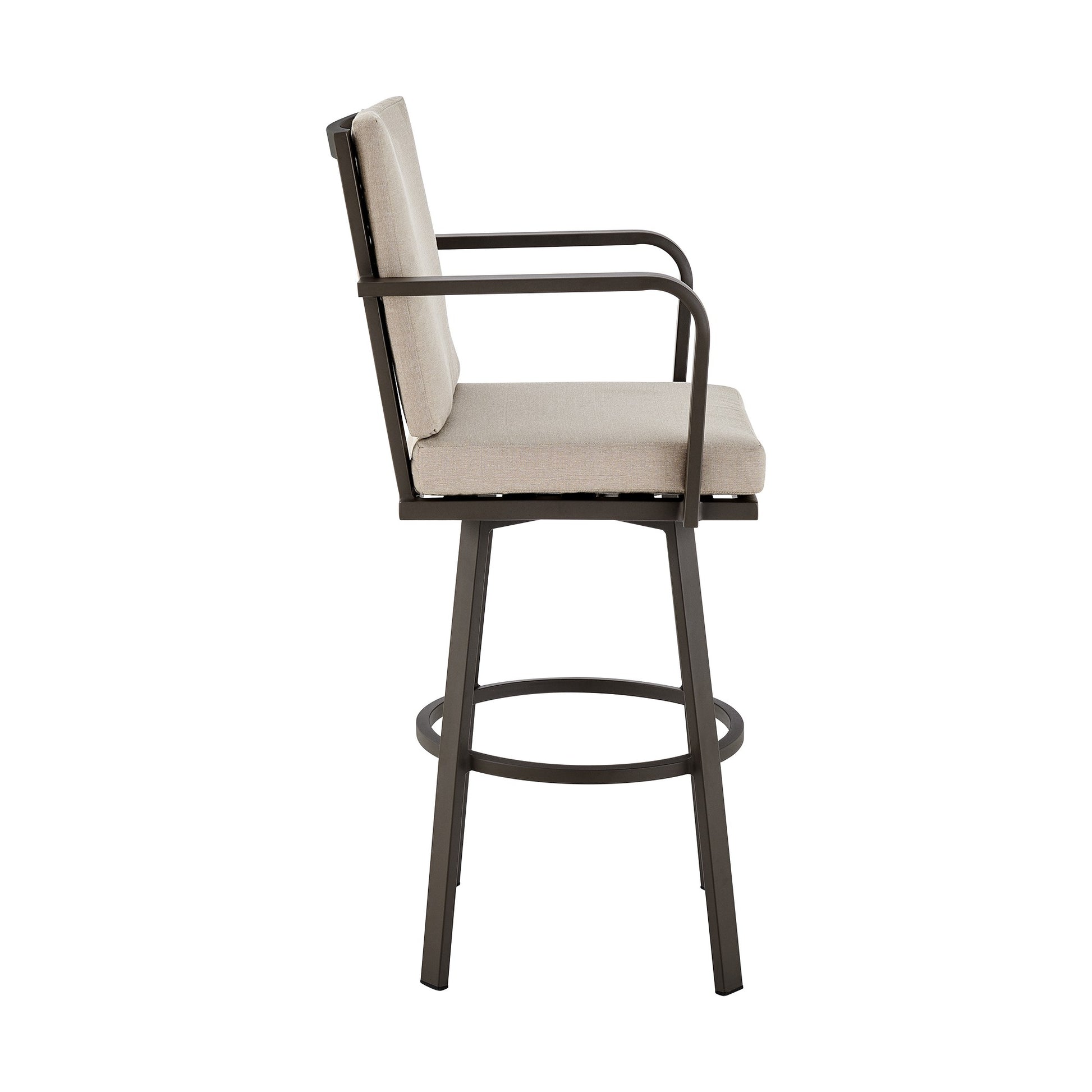 Faye 30 Inch Modern Patio Barstool, Brown Aluminum Frame, Beige Cushions Brown Aluminium