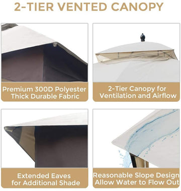 10*12 Ft Softtop Metal Gazebo With Mosquito Net&Sunshade Curtains,Sturdy Heavy Duty Double Roof Canopy,Galvanized Steel Design Outdoor Tent,Suitable For Gardens,Patio,Backyard Beige Light Natural Rectangular No Foundation Needed None Garden & Outdoor