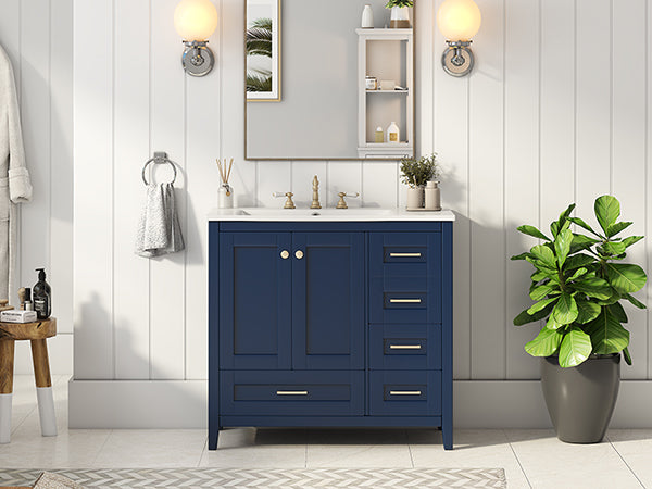 36'' Bathroom Vanity With Sink Combo Set, Modern Bathroom Cabinet With 4 Drawers, Freestanding Wood Bathroom Vanity Set With Solid Wood Feet, Blue 4 Blue 2 Adjustable Hinges Bathroom Freestanding Modern Solid Wood Mdf Resin Painted