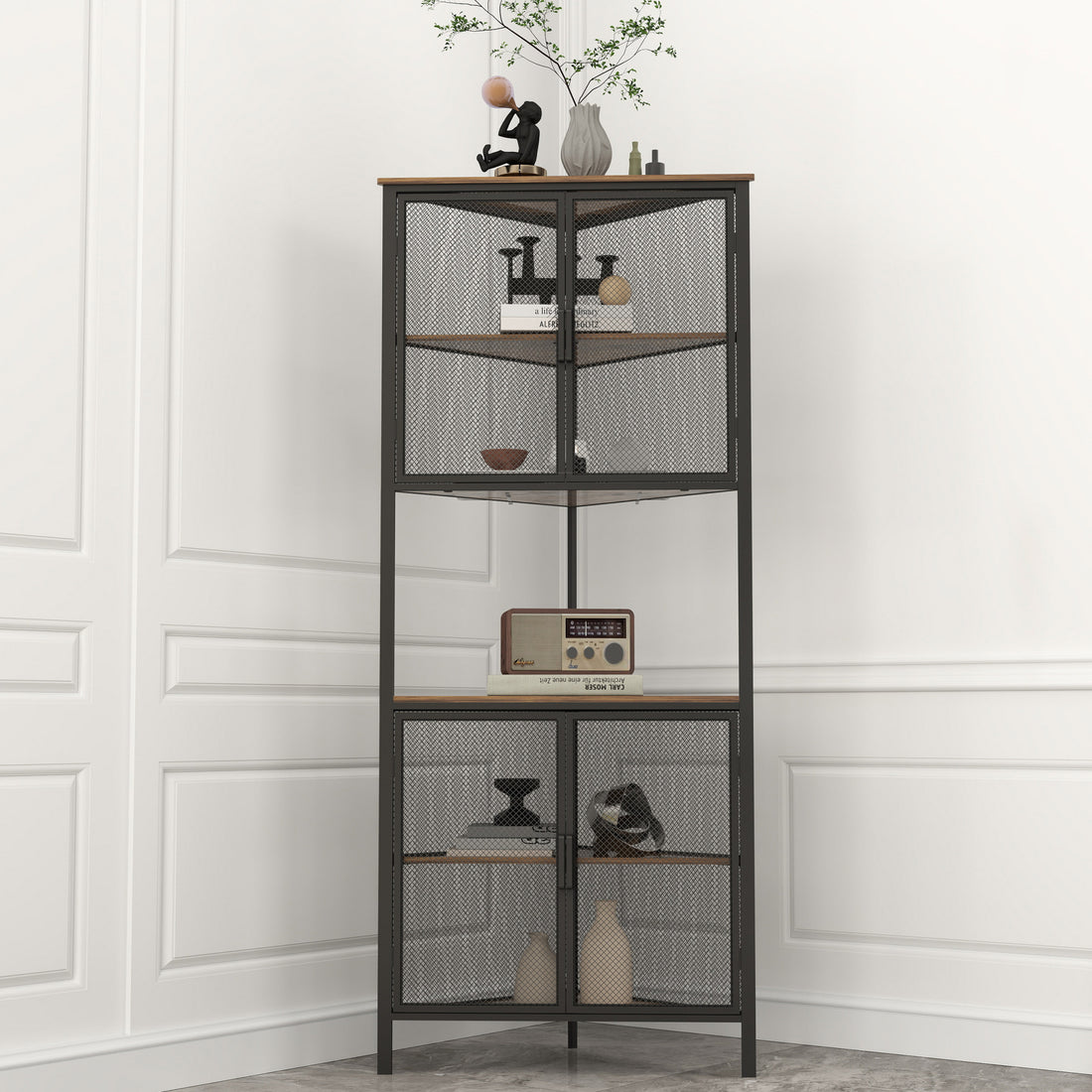 5 Tier Shelves With Metal Mesh Door, Bookcase Storage Shelf Corner Shelf For Small Space, Living Room Black Brown Metal