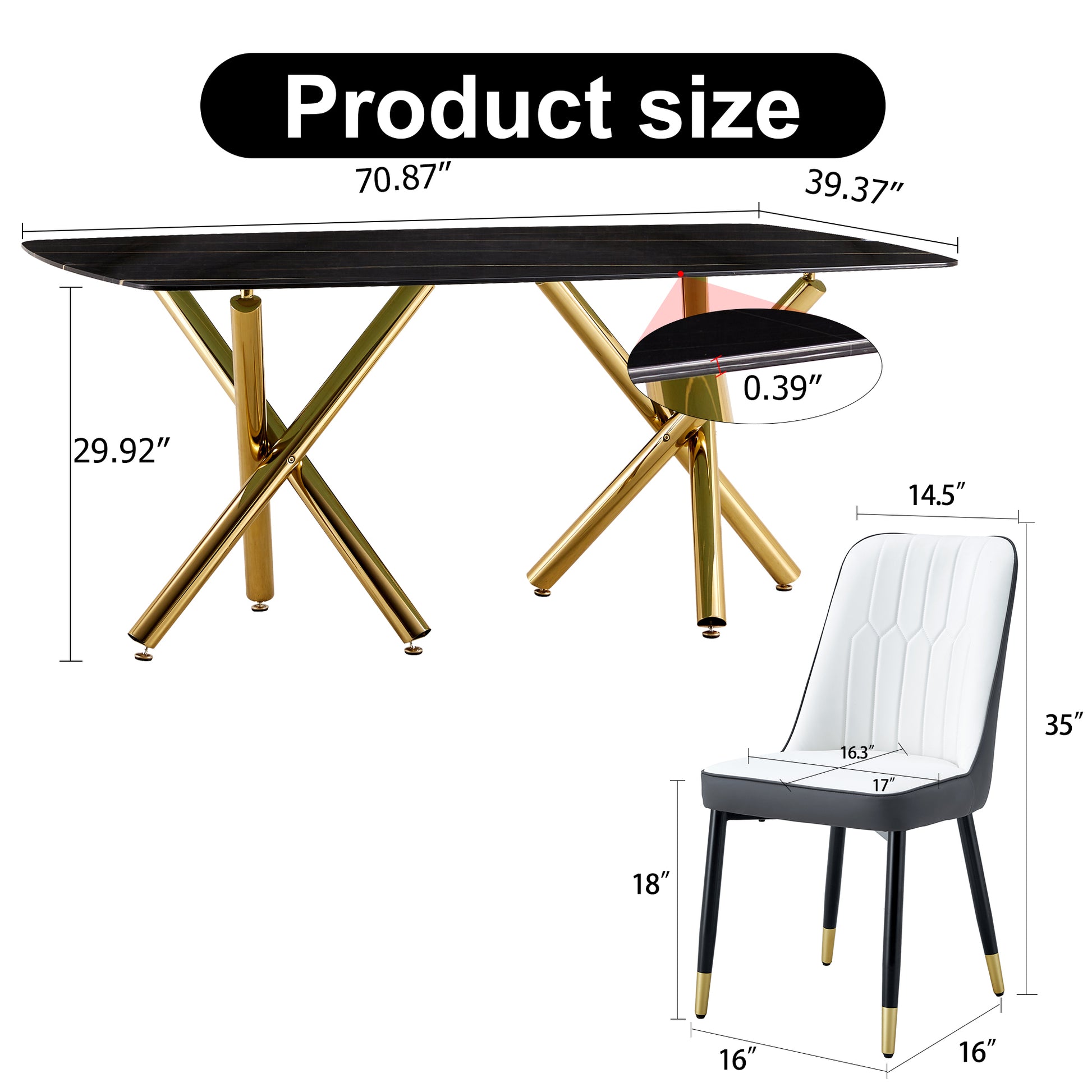 Large Modern Minimalist Rectangular Dining Table With 0.39 "Imitation Marble Black Tabletop And Golden Metal Legs, Paired With Chairs With Pu Cushions And Black Metal Legs. F 1538 C 007 Black Gold Glass Metal