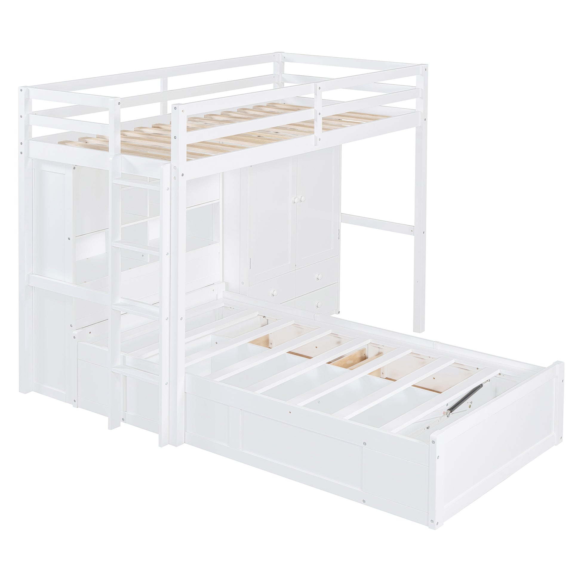 Twin Bunk Bed With Drawers, Wardrobe, Storage Shelves And Hydraulic Bed,White White Mdf Lvl