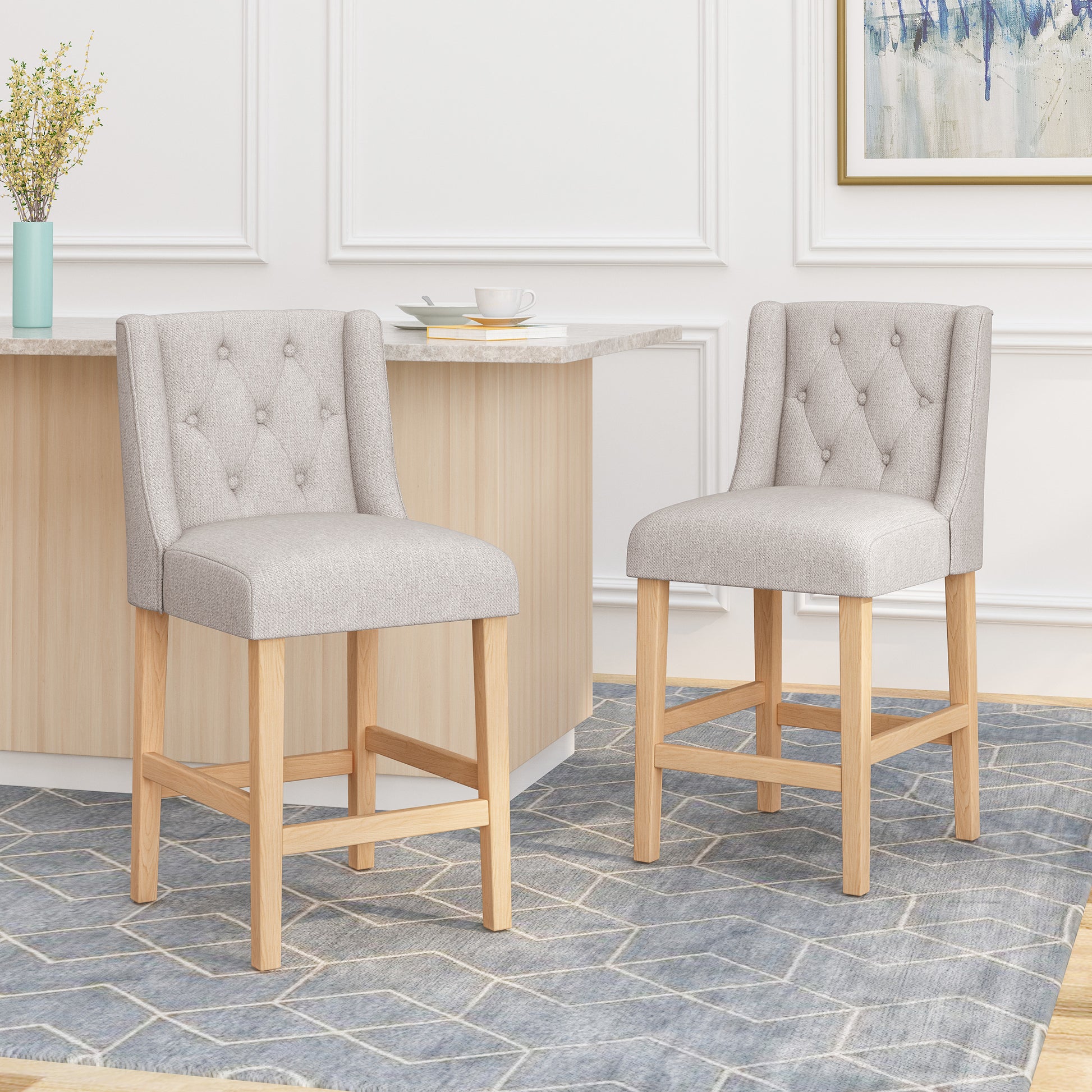 Vienna Contemporary Fabric Tufted Wingback 27 Inch Counter Stools, Set Of 2, Light Gray, Natural Light Grey Natural Fabric