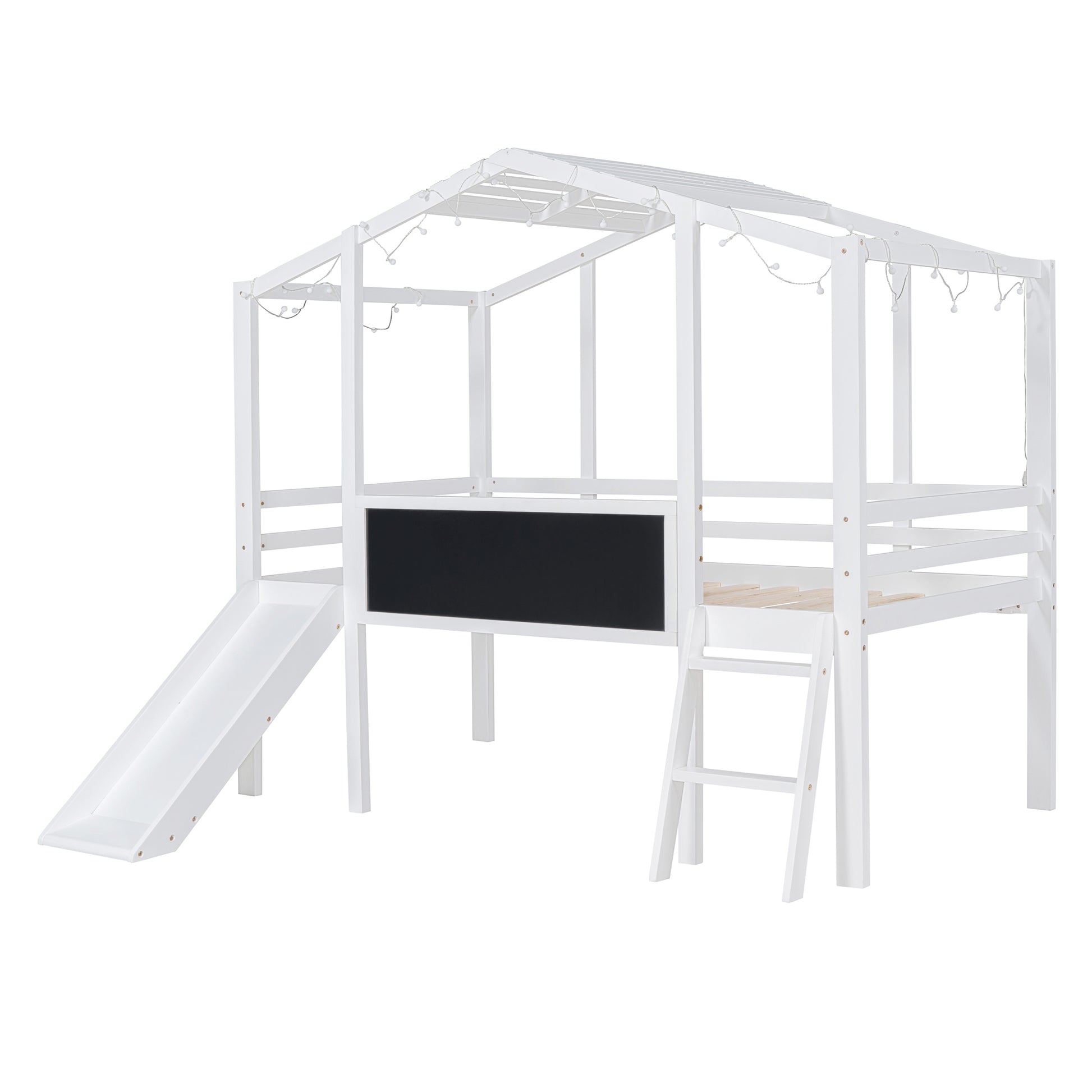 Twin Size Loft Bed With Ladder And Slide, House Bed With Blackboard And Light Strip On The Roof, White Twin White Solid Wood Mdf