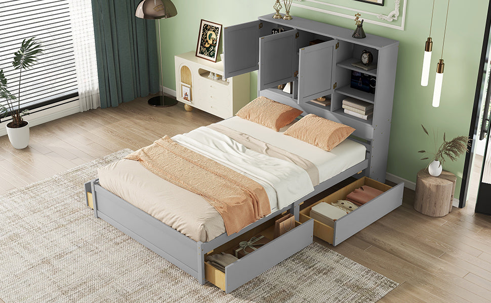 Queen Size Platform Bed With Storage Headboard And 4 Drawers, Gray Box Spring Not Required Queen Gray Wood Bedroom Bed Frame Solid Wood Mdf