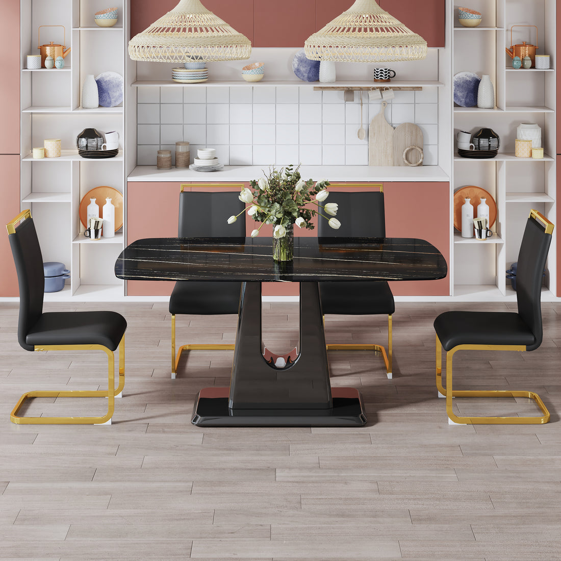 1 Table And 4 Chairs. Modern, Simple And Luxurious Black Imitation Marble Rectangular Dining Table And Desk With 4 Black Pu Gold Plated Leg Chairs 63'' X 35.4'' X 30'' Black Mdf