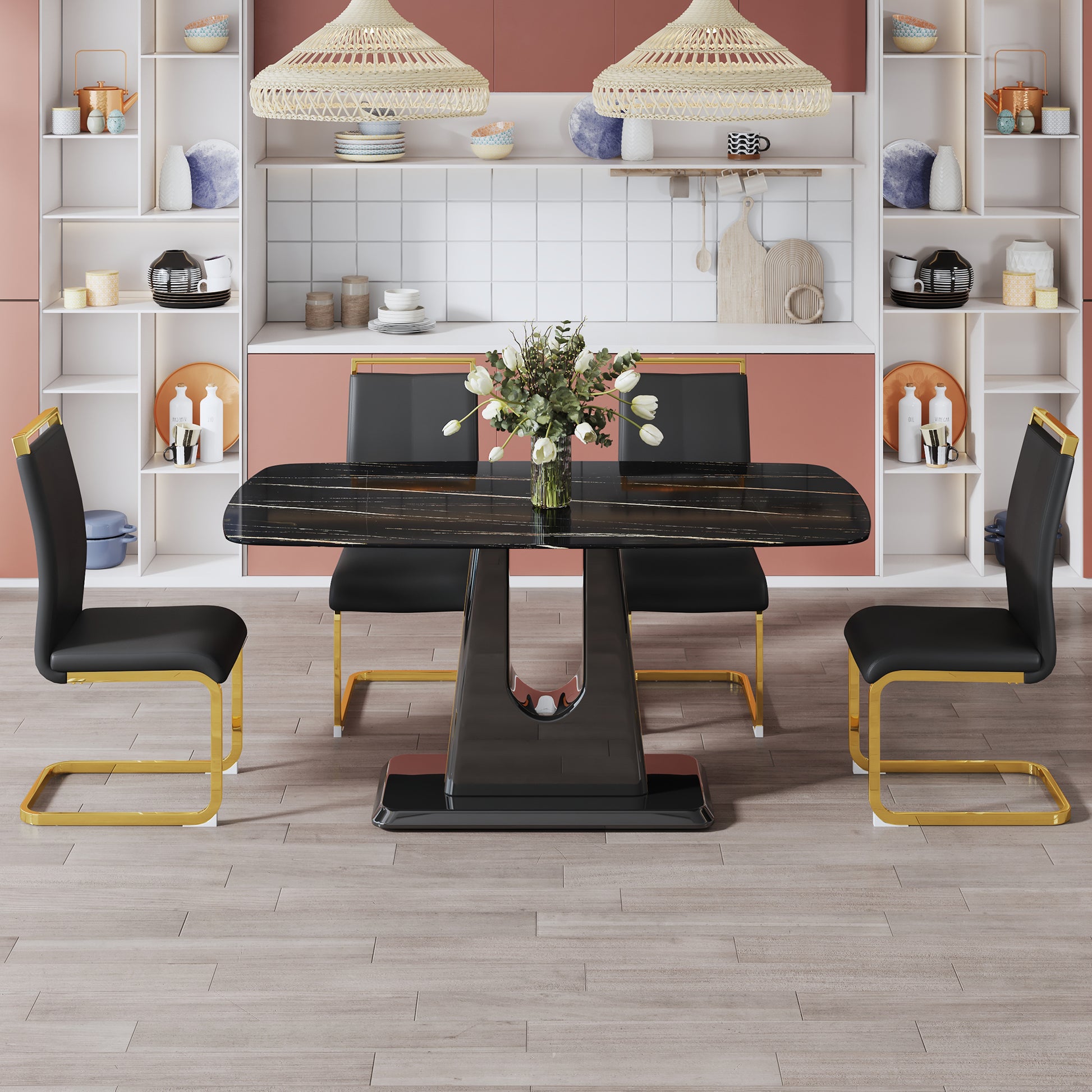 1 Table And 4 Chairs. Modern, Simple And Luxurious Black Imitation Marble Rectangular Dining Table And Desk With 4 Black Pu Gold Plated Leg Chairs 63'' X 35.4'' X 30'' Black Mdf