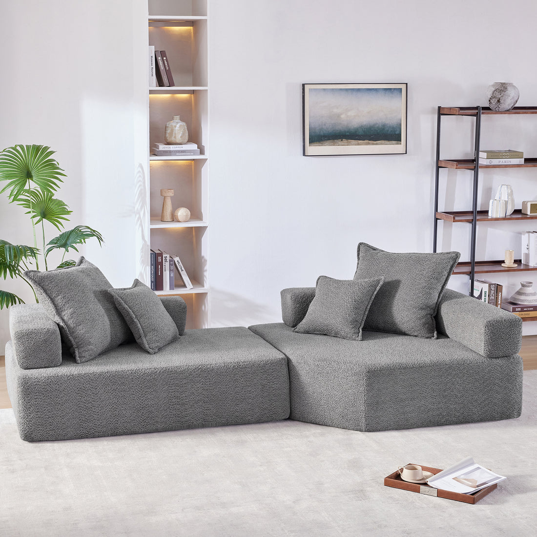 Oversized Modular Sectional Sofa,Luxury Boucle Floor Couch Set,Convertible Sleeper Couch,Spacious Foam Filled Sofa Bed For Living Room,2 Pc Free Combination,2 Colors Gray Boucle 4 Seat