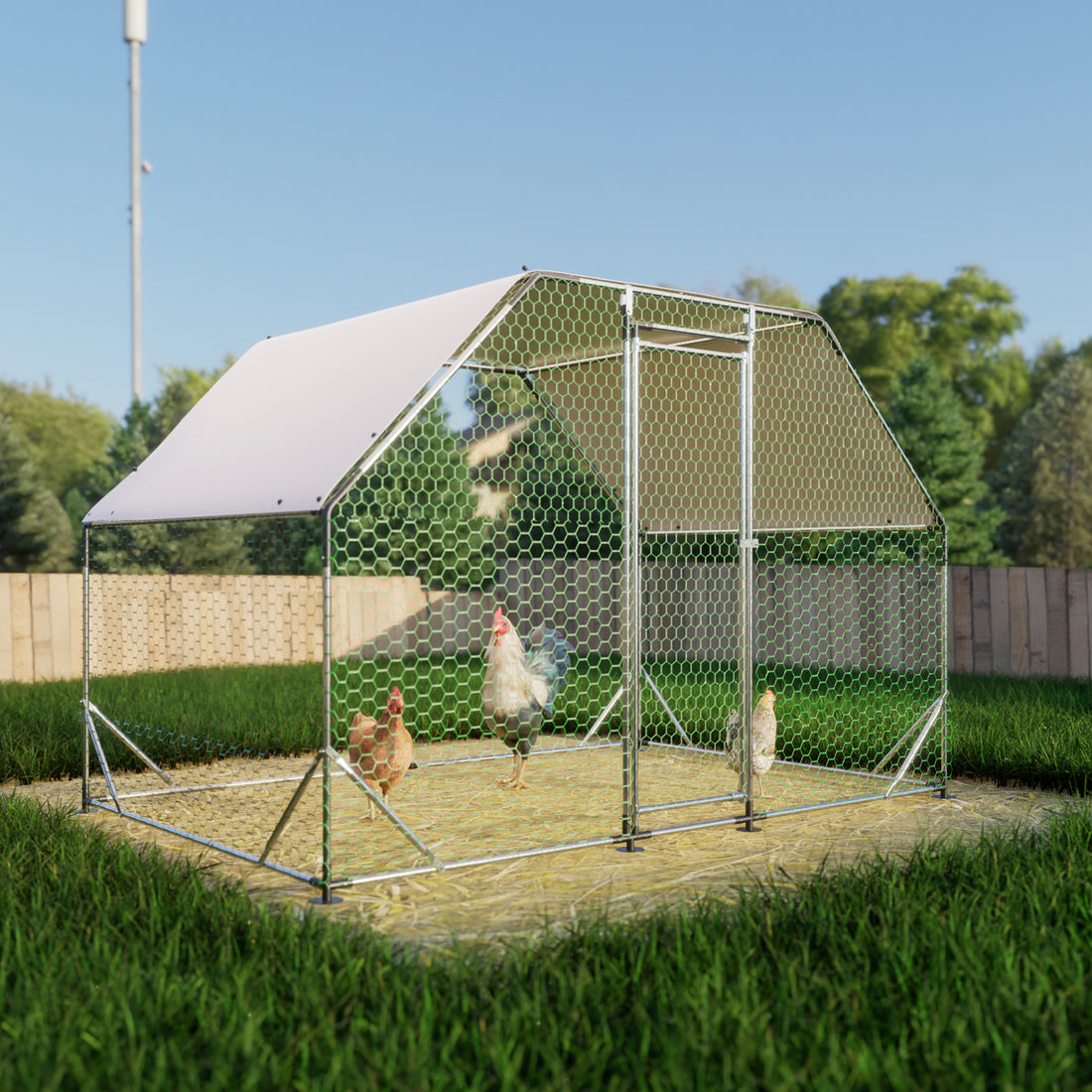 9.94 Ft. X 6.46 Ft. X 6.36 Ft. Metal Large Chicken Coop Walk In Poultry Cage Run Flat Shaped With Waterproof Cover Silver Metal