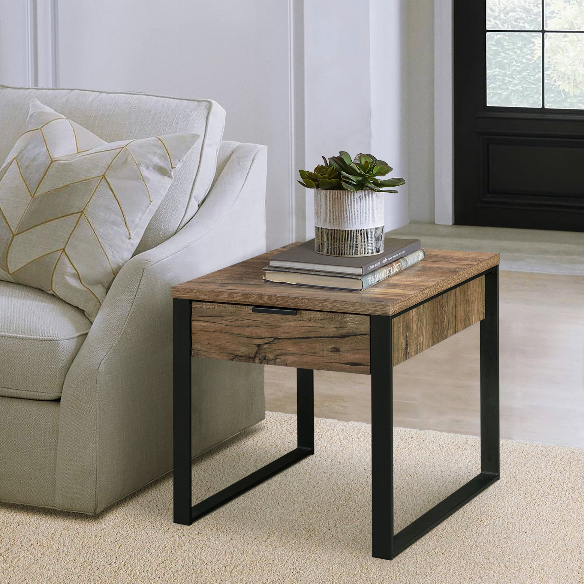 Weathered Oak And Black End Table With 1 Drawer Black Brown Primary Living Space Industrial Drawers Rectangular Wood Metal Sled