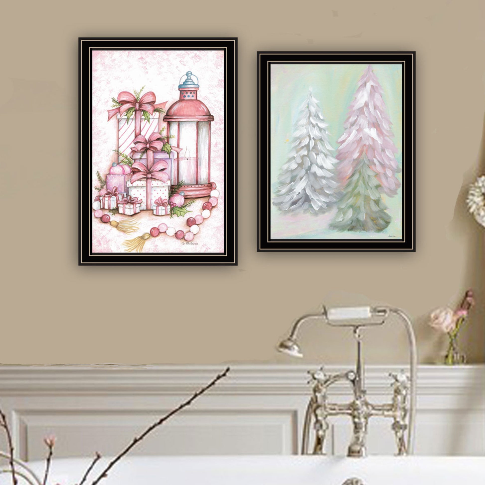 2 Piece Vignette Pink Candy Land Christmas Trees Black Framed Wall Art For Living Room, Bedroom Wall Art Print For Home Decor By Mary June Multi Wood Paper
