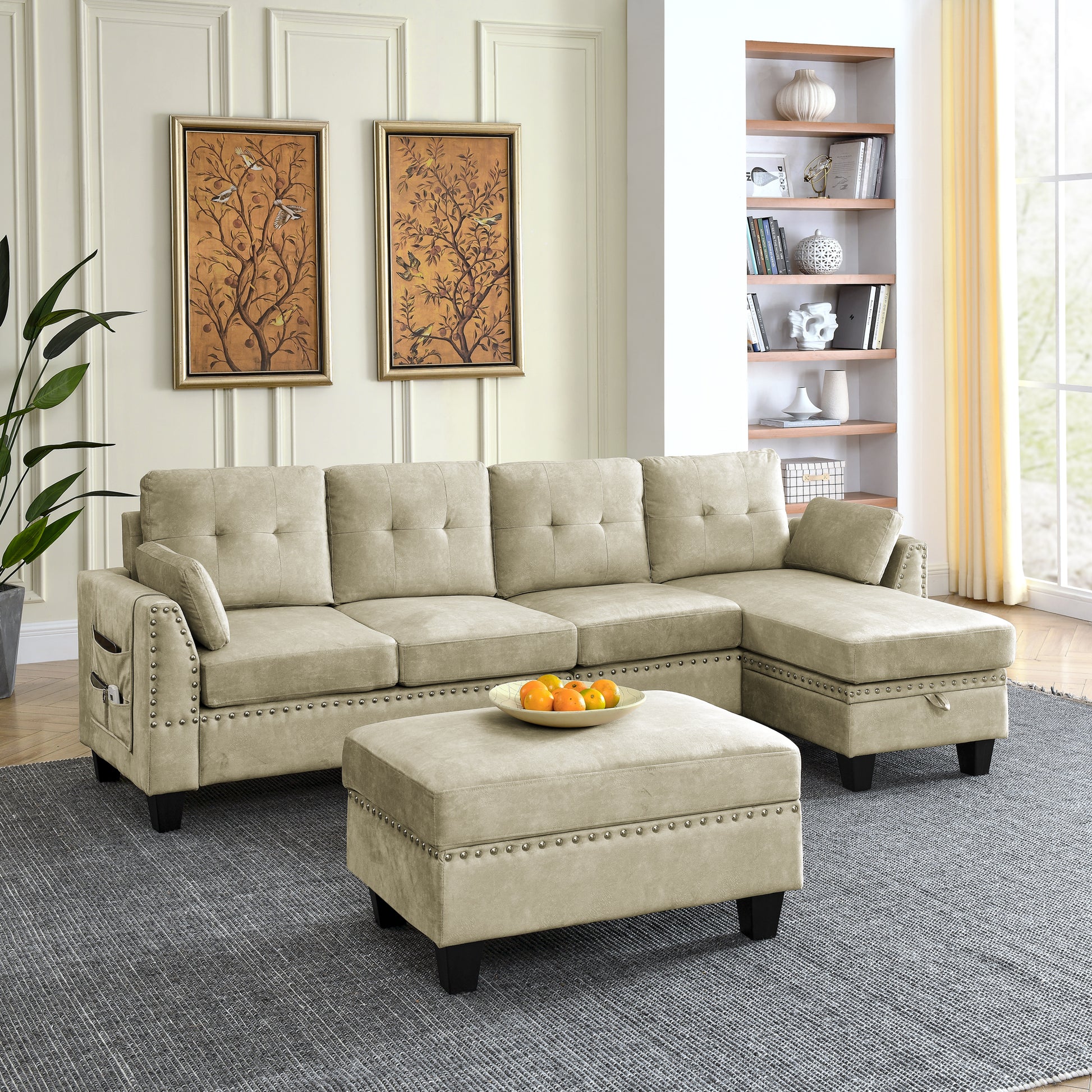 Sectional 3 Seaters Sofa ,Double Sided Multi Functional Footstool, Storage Matnon Slip Leg, Two Pillows, Velvet,Beige Beige Velvet 3 Seat