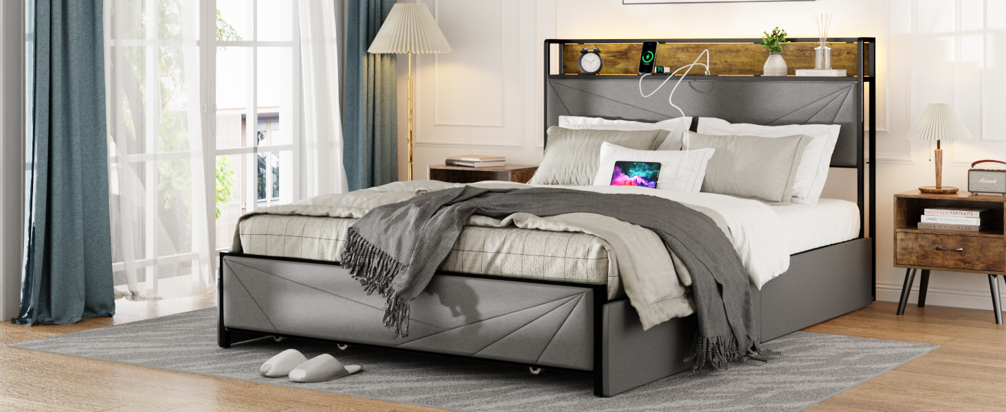 Full Size Bed Frame With 4 Storage Drawers And 2 Usb Ports, Upholstered Platform Bed Frame With Storage Headboard Charging Station And Metal Slat Support, No Box Spring Needed, Dark Grey. Box Spring Not Required Full Dark Grey Metal Bedroom Bed Frame Mdf