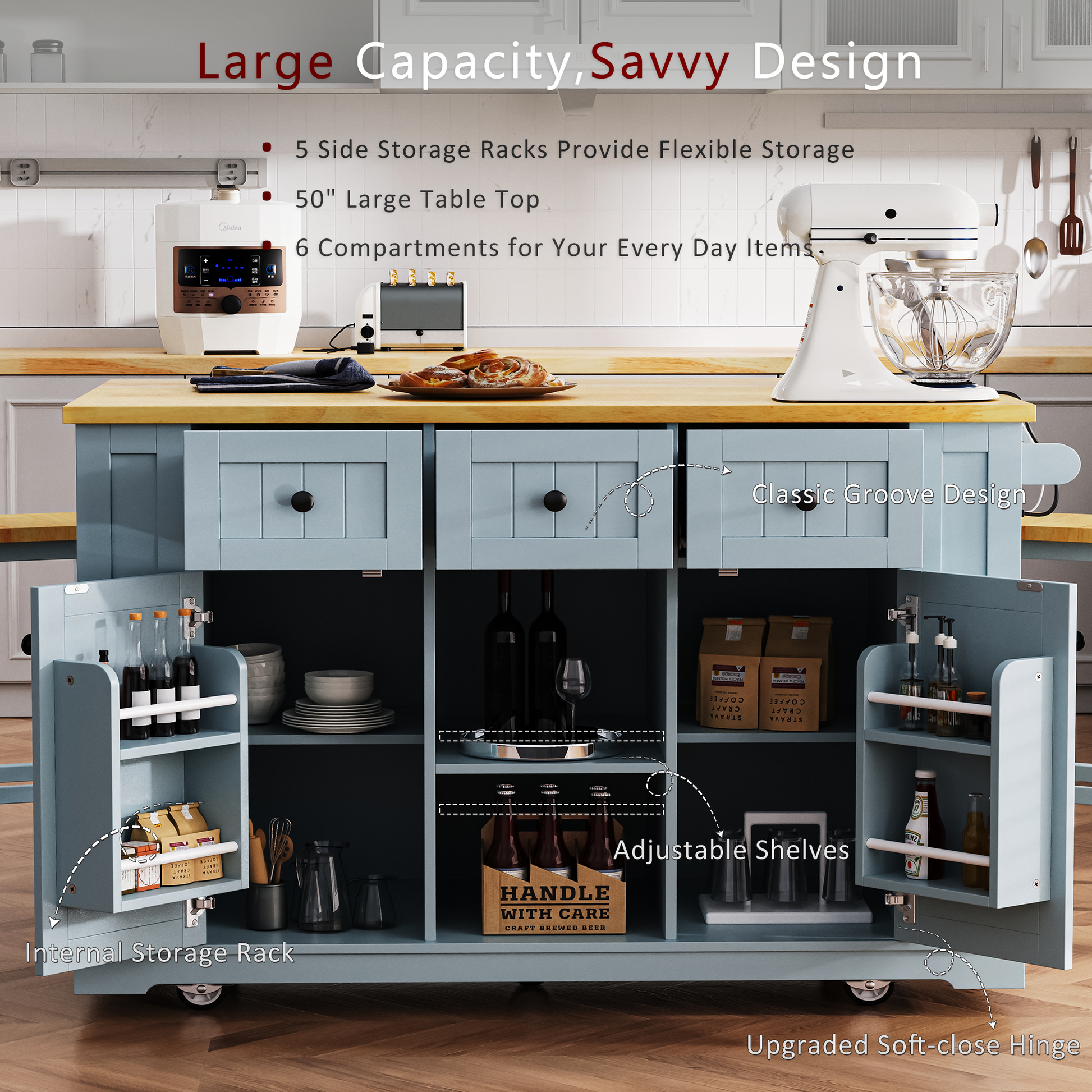 K&K 53Inch Large Kitchen Island With 2 Bar Stools, Power Outlet,Door Internal Storage Rack,Kitchen Storage Cart On 5 Wheels With Drop Leaf,5 Open Side Racks,3 Drawers For Kitchen,Dining Room,Grey Blue Grey Blue Gray Kitchen