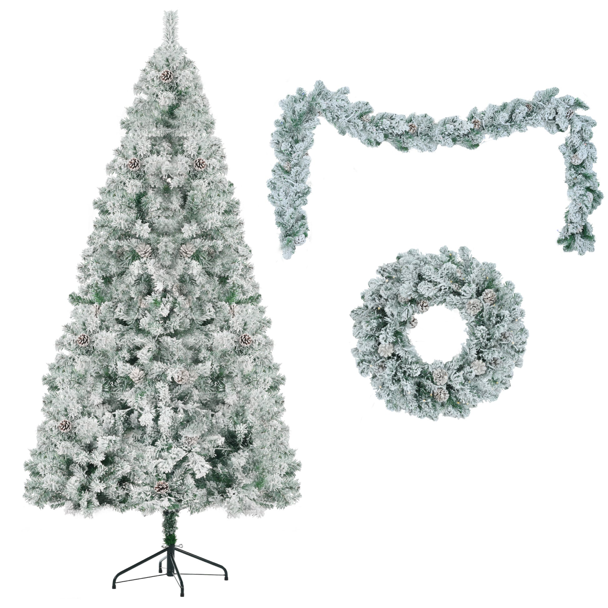 6Ft Snow Flocked Christmas Tree, Pre Lit Set With Tree & Garland & Wreath, Artificial Hinged Xmas Tree With Colorful Led Lights, 8 Lighting Modes, Pine Cones, Holiday D Cor For Home White Green Pvc