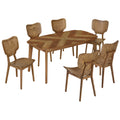 Vintage 7 Piece Dining Table Set With 6 Dining Chairs,Kitchen Table Set For 6 With Curved Back And Seat, Brown Wood Dining Room Solid Wood Rubberwood Rectangular Dining Table With Chair Upholstered Chair Wood Brown Seats 6 Farmhouse Curved 4 Leg Rubber