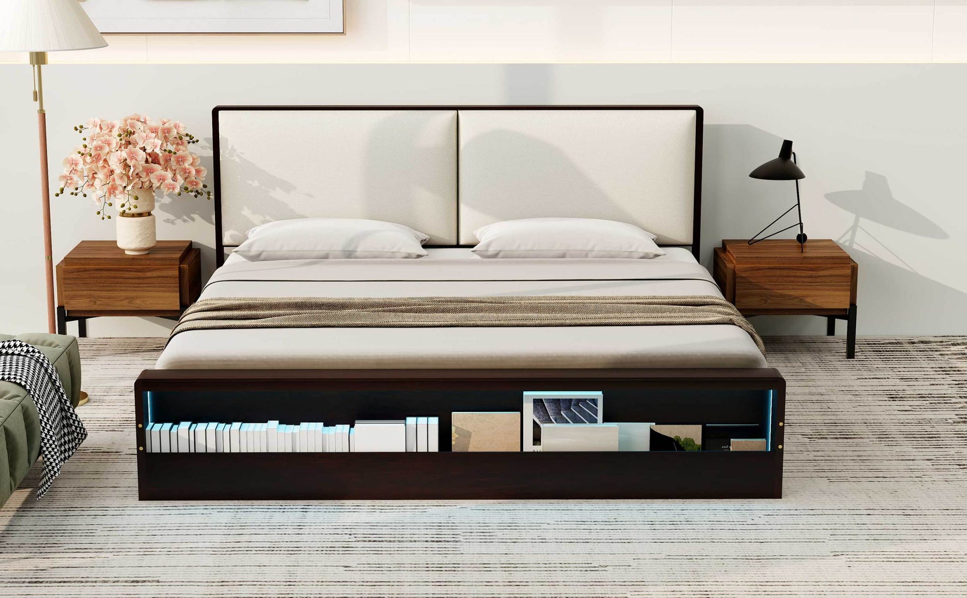 King Size Platform Bed Frame With Upholstery Headboard And Bookshelf In Footboard And Led Light Strips, Espresso King Espresso Solid Wood Mdf
