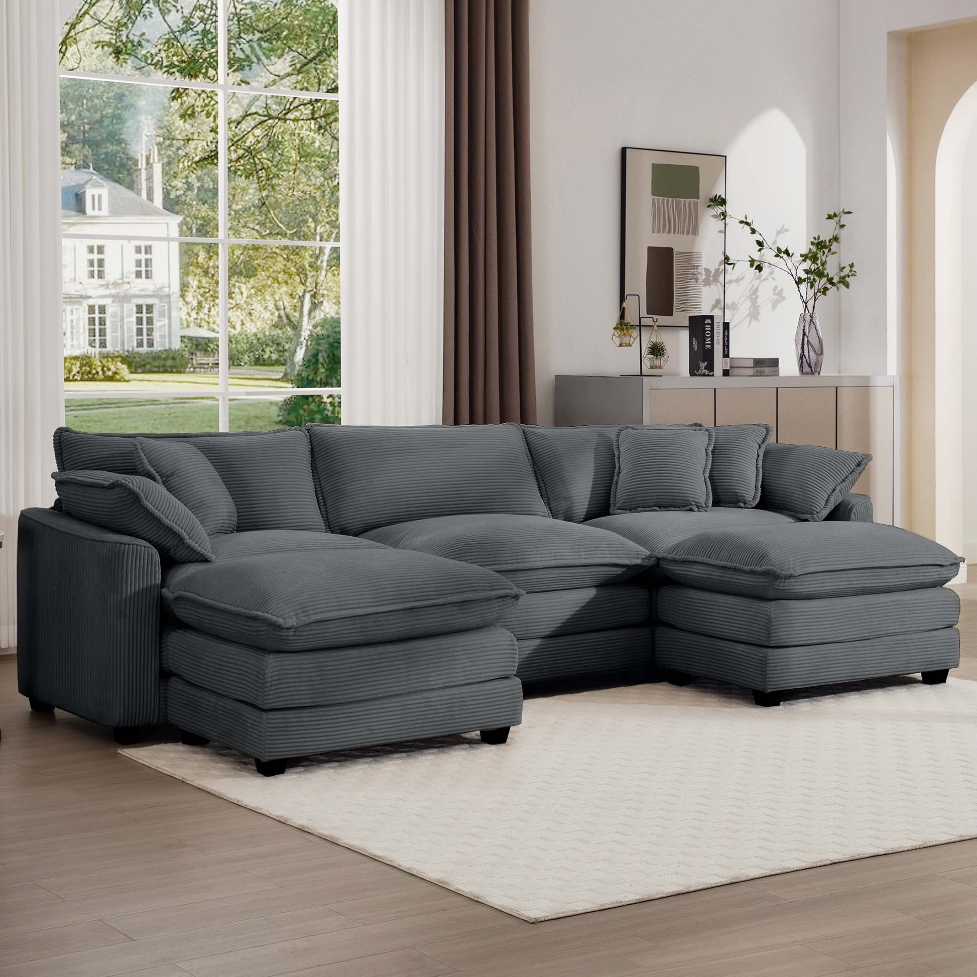 Oversized Modular Cushion Sofa, Portable Ottoman, L Shaped Corner Low Back Deep Seating Spacious Sofa Set And Sofa Bed For Home Apartment Living Room Set, Grey Corduroy Grey Corduroy 3 Seat