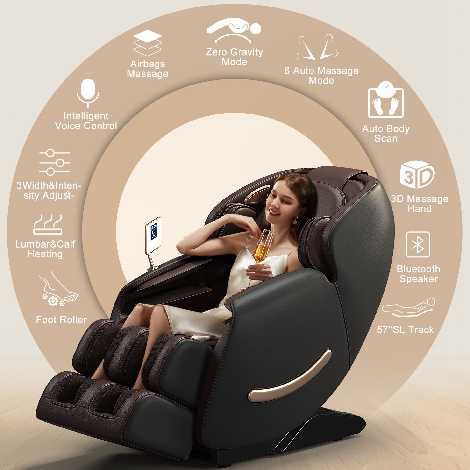 Deluxe Massage Chair, Full Body Zero Gravity Recliner With Ai Voice Control, Sl Track, Bluetooth, Foot Rollers, Airbags, Heating Black Black Brown Faux Leather Power Remote Primary Living Space Medium Duty Luxury,Modern Push Button Polyurethane Foam Abs