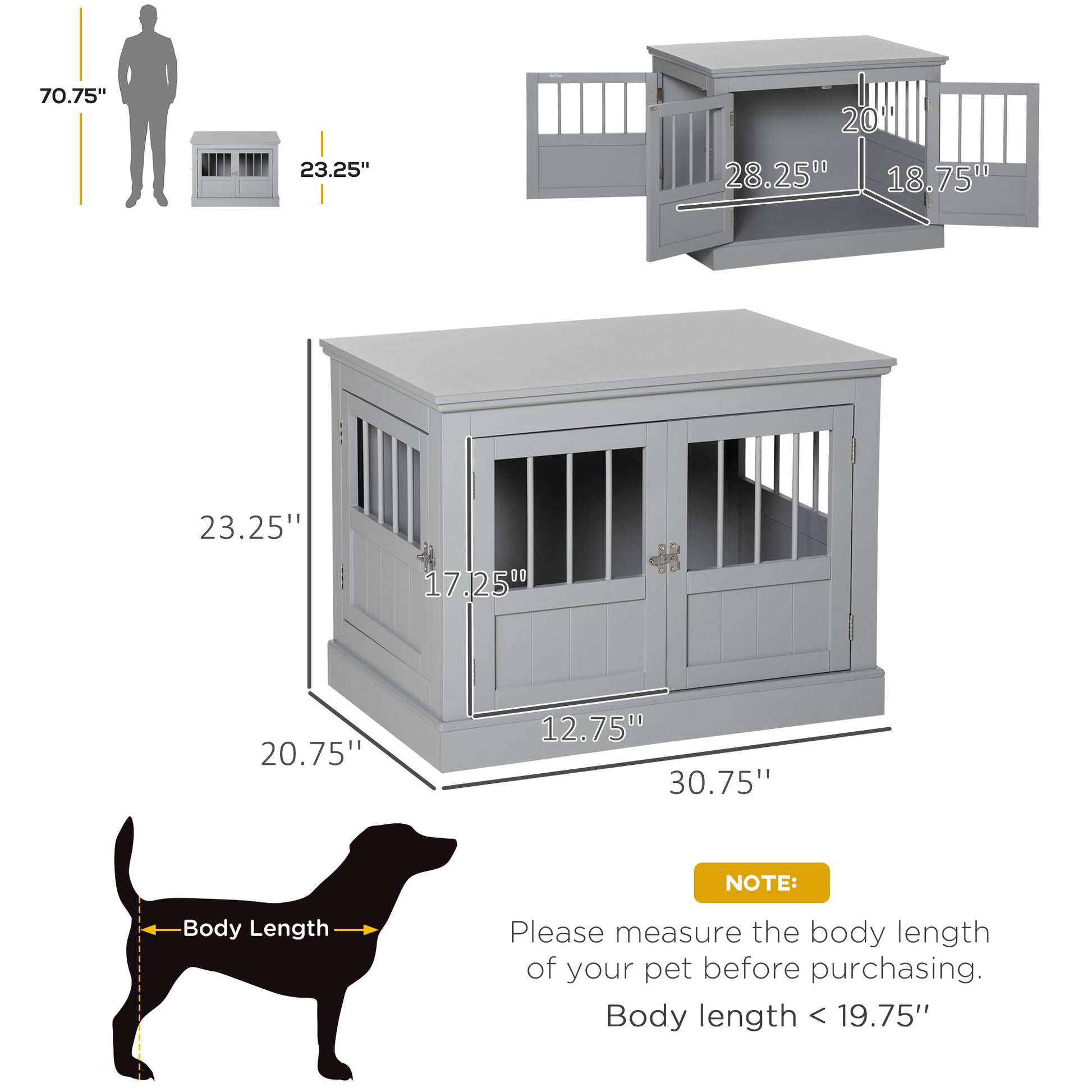 Pawhut Dog Crate End Table With Triple Doors, Wooden Dog Crate Furniture Indoor Use, Puppy Crate With And Steel Tubes, For Small Dogs, Pewter Gray Dark Gray Mdf