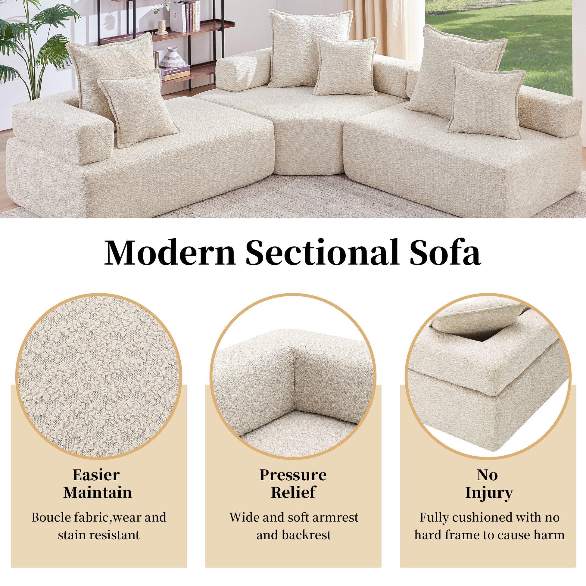 Oversized Modular L Shaped Sectional Sofa,Luxury Boucle Floor Couch Set,Convertible Sleeper Couch,Spacious Foam Filled Sofa Bed For Living Room,3 Pc Free Combination,2 Colors Beige Boucle 5 Seat