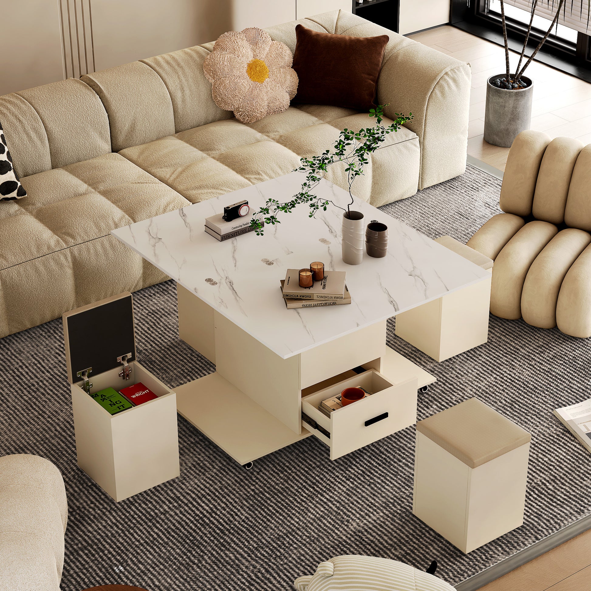 Modern Lift Up Coffee Table With 4 Stools Set For Living Room Expandable 1 Hidden Storage 2 Drawers Space Saving Folding Dining Table White Mdf