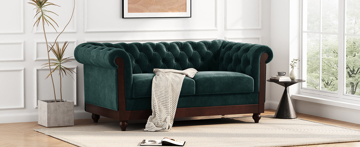 Vivalux 59.44" Chesterfield Velvet Loveseat Sofa,2 Person Rolled Arm Dutch Plush Upholstered Sofa Couch With Tufted Button For Living Room, Bedroom, Small Places,Forest Green Dark Green Espresso Velvet Wood Primary Living Space Soft Tufted Back