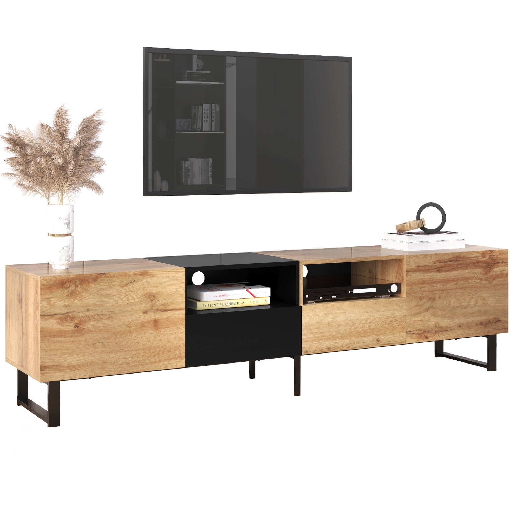 Modern Tv Stand With 2 Cabinets& Open Storage Compartment, Color Matching Media Console Table For Tvs Up To 85'', Entertainment Center With Drop Down Door For Living Room, Bedroom, Home Theatre Wood Brown Primary Living Space 70 79 Inches 90 Inches Or