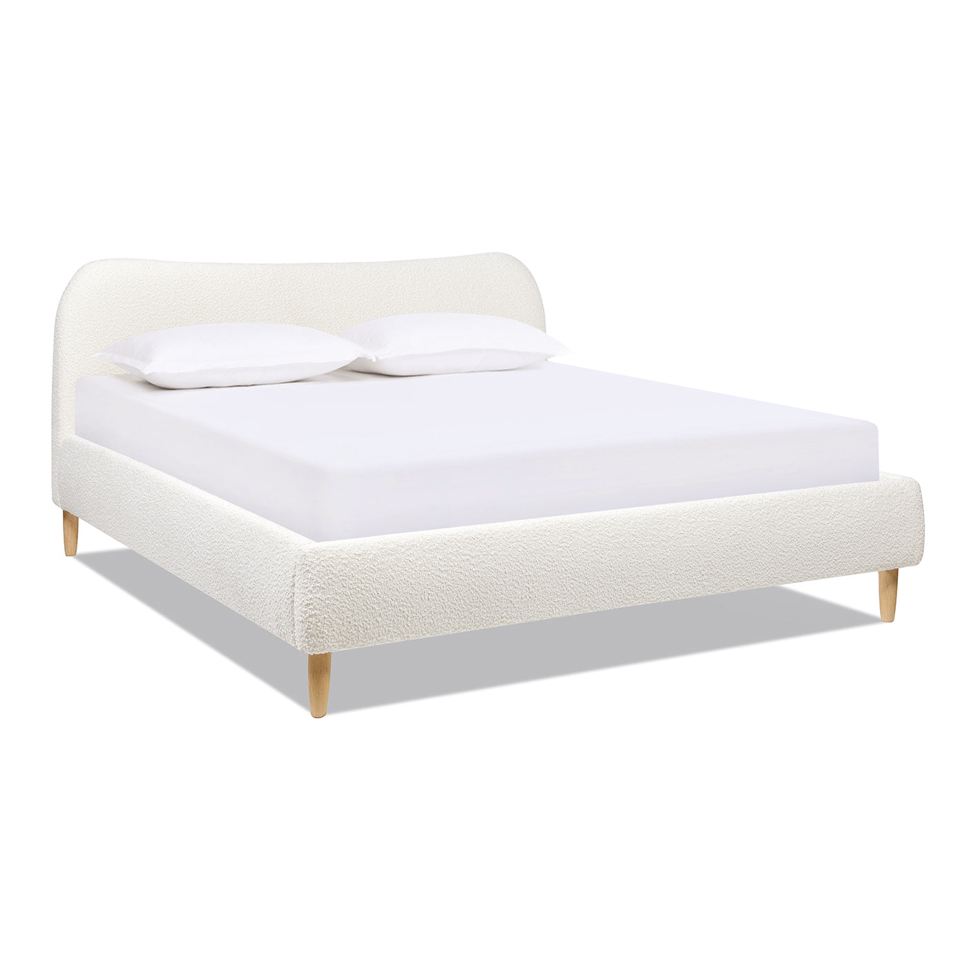 Roman Curved Headboard Upholstered Platform Bed, King, Ivory White Boucle Box Spring Not Required King White Wood Foam Boucle Boucle