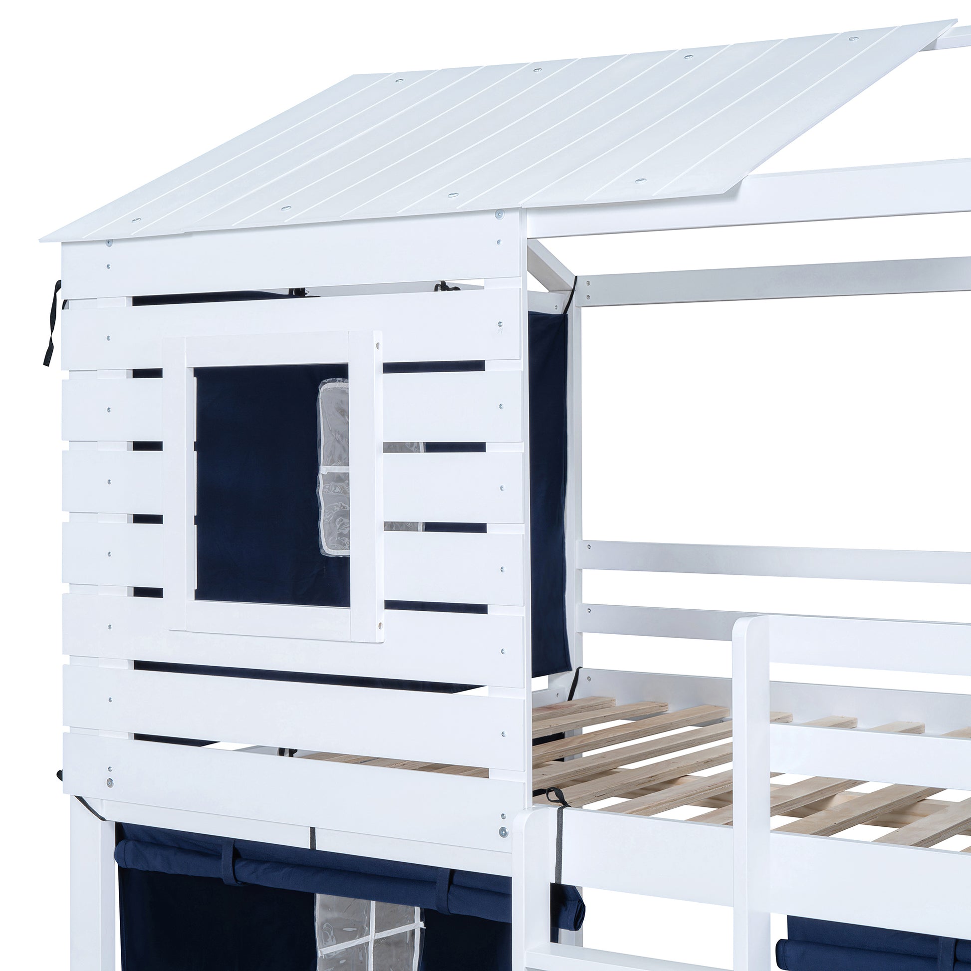 Full Size Bunk Wood House Bed With Tent, Blue White Full Blue Solid Wood Mdf