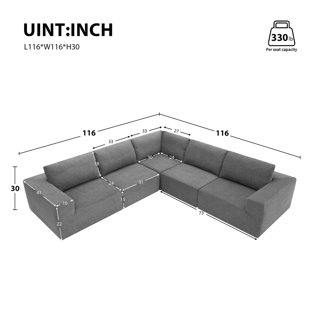 116*116" Modular L Shaped Sectional Sofa,Luxury Floor Couch Set,Upholstered Indoor Furniture,Foam Filled Sleeper Sofa Bed For Living Room,Bedroom,5 Pc Free Combination,3 Colors Gray Fabric 5 Seat