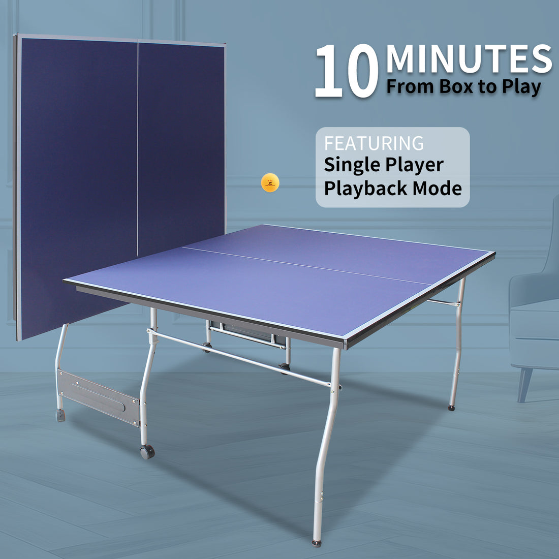 8Ft Mid Size Table Tennis Table Foldable & Portable Ping Pong Table Set For Indoor & Outdoor Games With Net, 2 Table Tennis Paddles And 3 Balls Blue Mdf