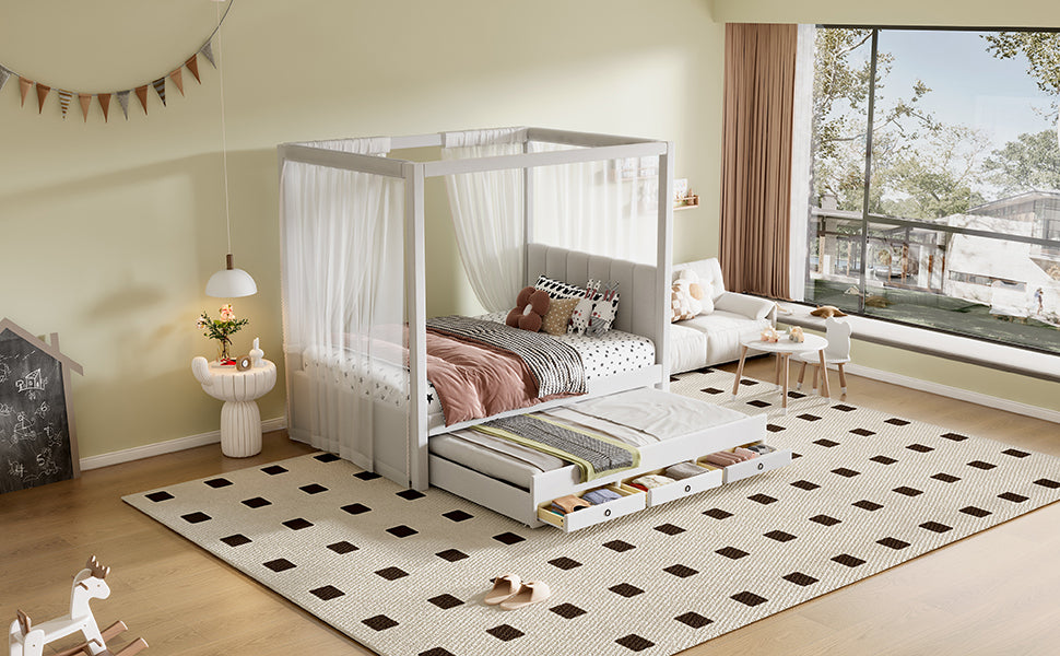 Twin Size Upholstery Canopy Platform Bed With Trundle And Three Storage Drawers, Beige Twin Beige Upholstered