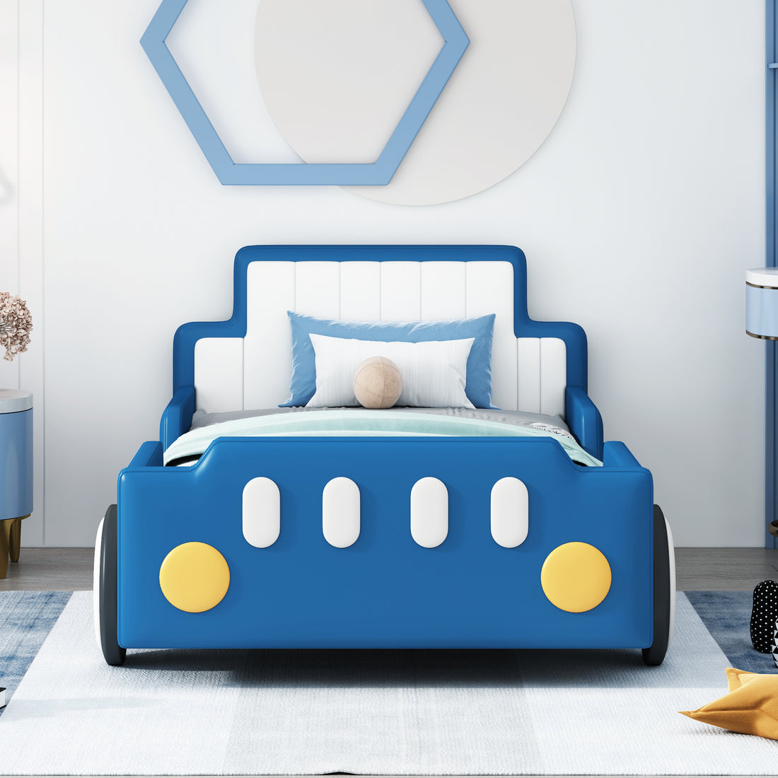 Twin Size Race Car Shaped Platform Bed With Wheels,Blue Twin Blue Pu Leather