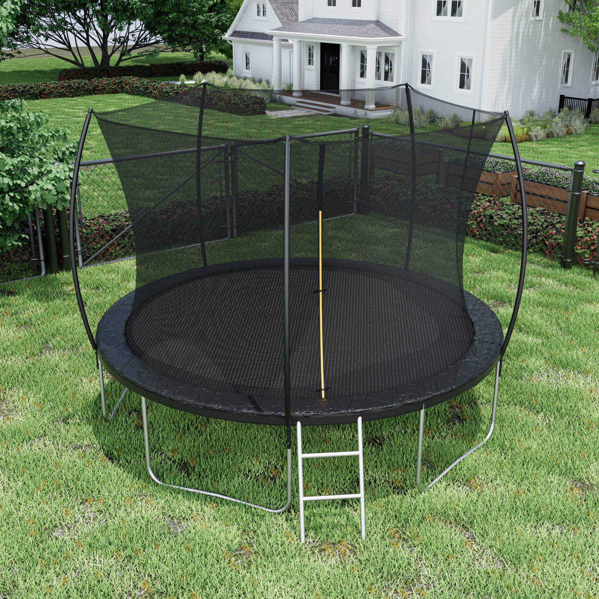 12Ft Trampoline Double Side Color Pad Trampoline For Kids And Adults With Enclosure Net And Ladder,Curved Fence Pole Black Steel Steel