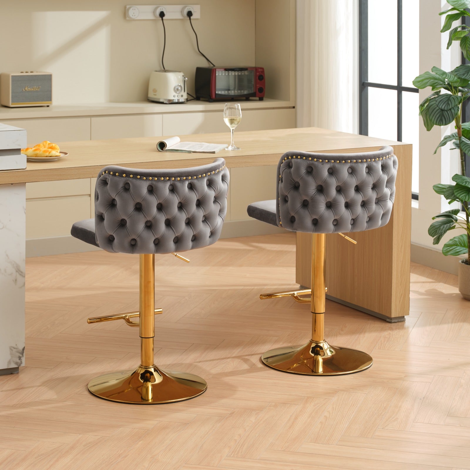 Swivel Barstools Adjusatble Seat Height With Gold Plating Base, Classic Velvet Upholstered Bar Stools With The Whole Back Tufted, For Home Pub And Kitchen Island,Gray, Set Of 2 Gray American Design,Classic Bar Stools Set Of 2 Foam Velvet