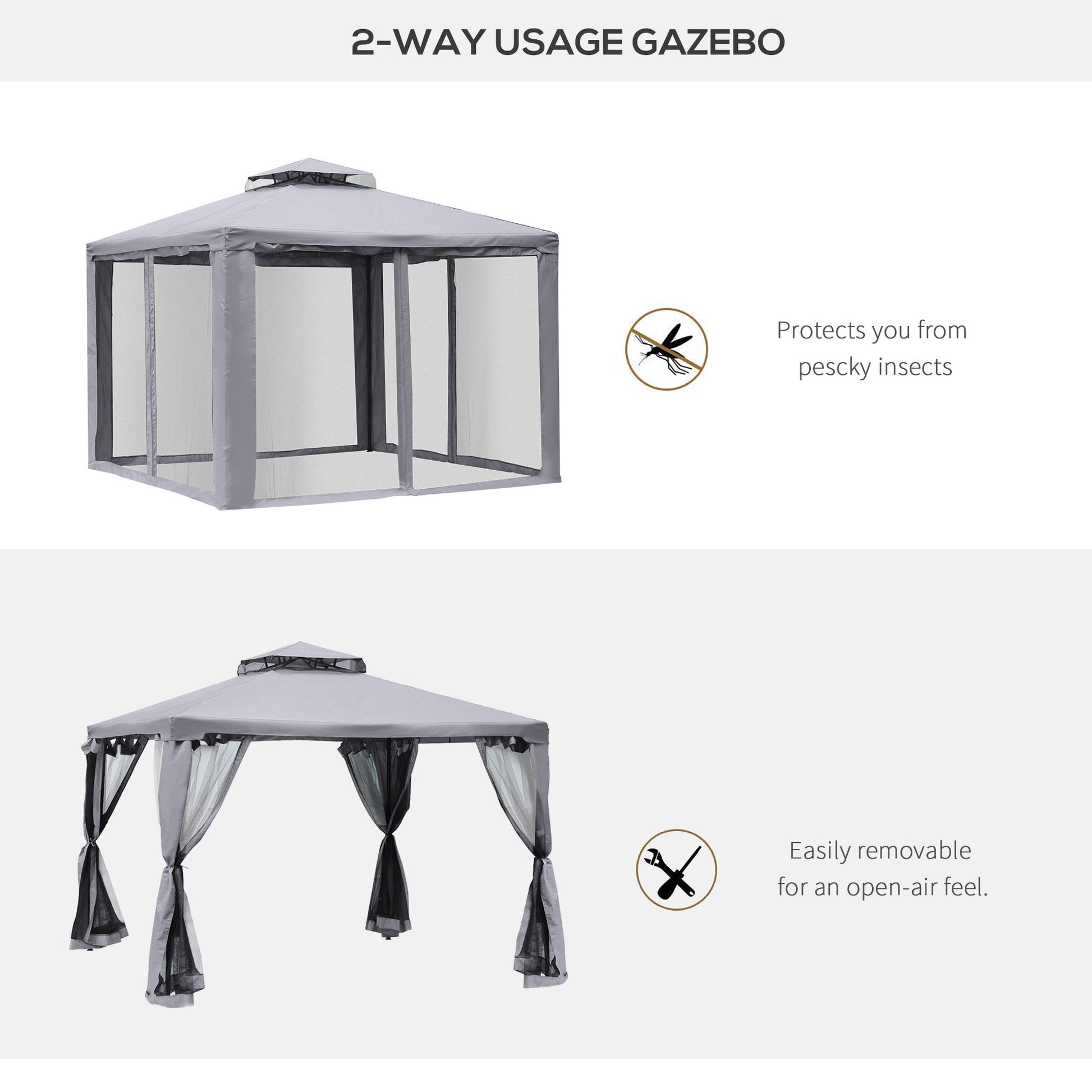 Outsunny 9.6' X 9.6' Patio Gazebo, Outdoor Canopy Shelter With 2 Tier Roof And Netting, Steel Frame For Garden, Lawn, Backyard, And Deck, Gray Gray Polyester