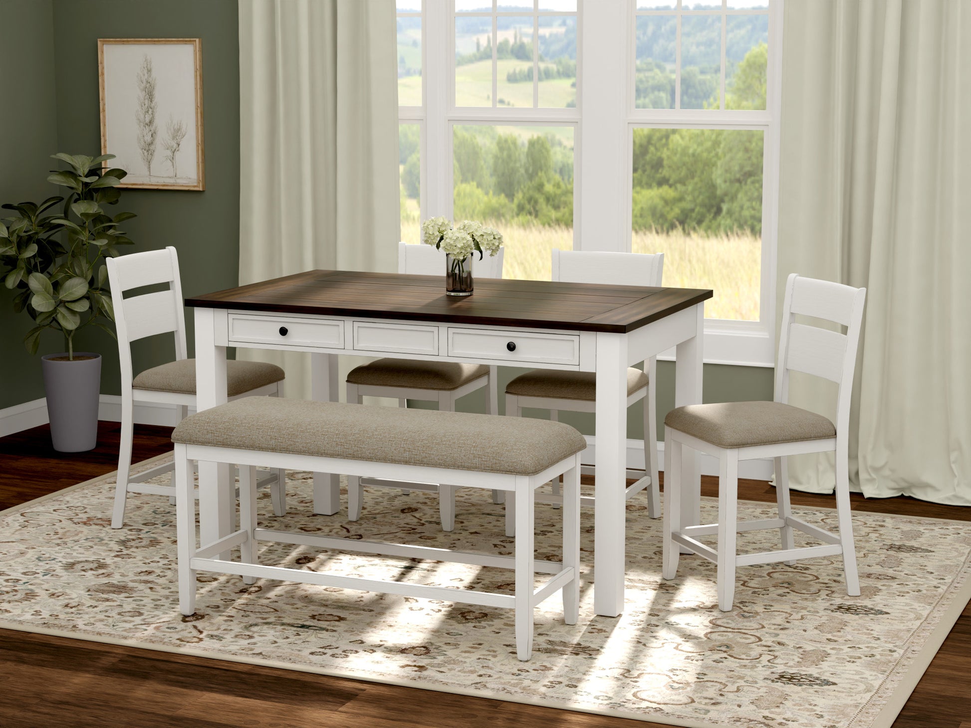 Velvety Brown And White 6 Piece Gathering Dining Set Brown White Bench Seating Foam Dining Table With Chair And Bench Engineered Wood