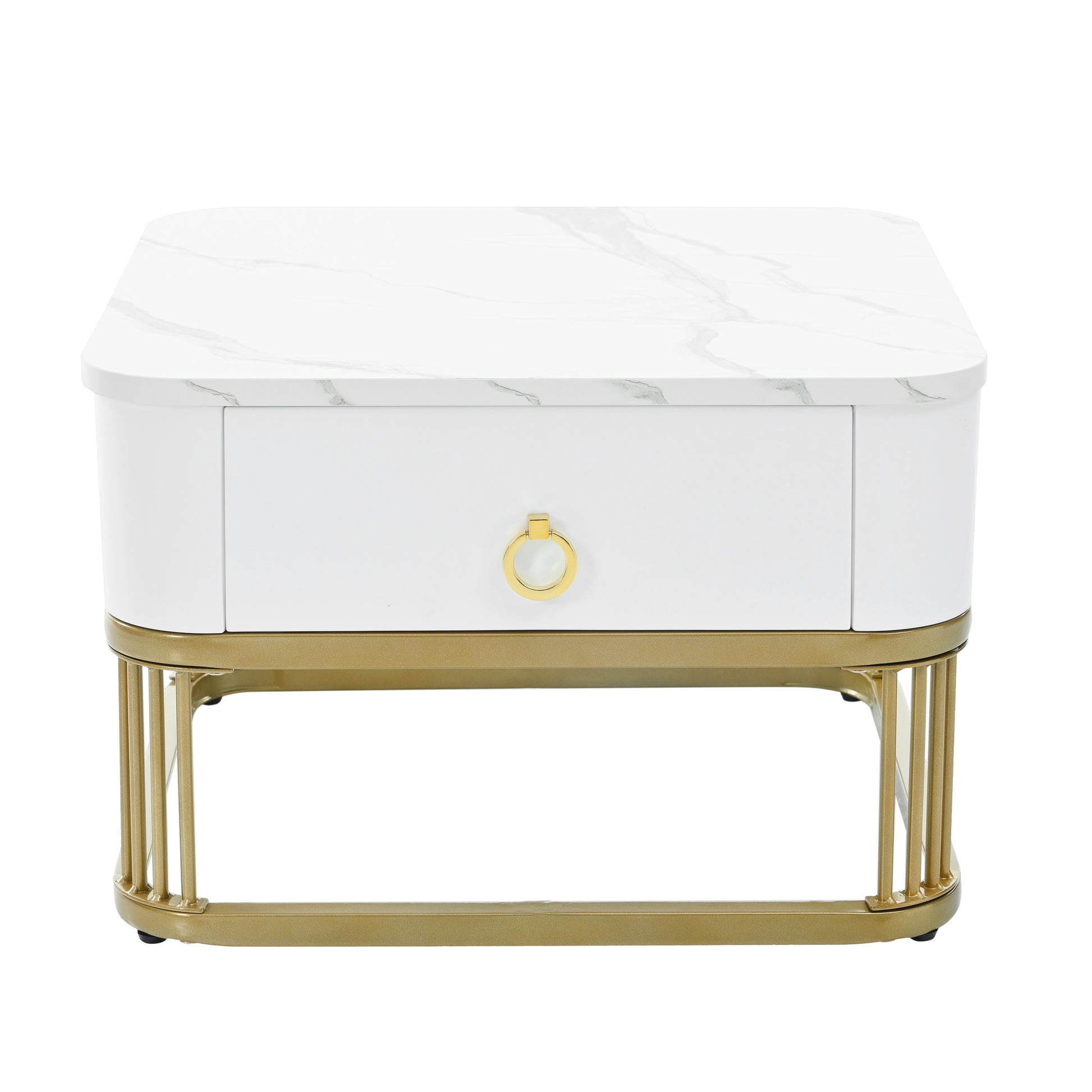 Nesting Coffee Table With Drawer, Set Of 2, Exquisite Square Stacking Coffee Tables With Brown Tempered Glass, Side Table With High Gloss Marble Grain Tabletop For Living Room, White White Gold Primary Living Space Drawers Square Mdf Steel