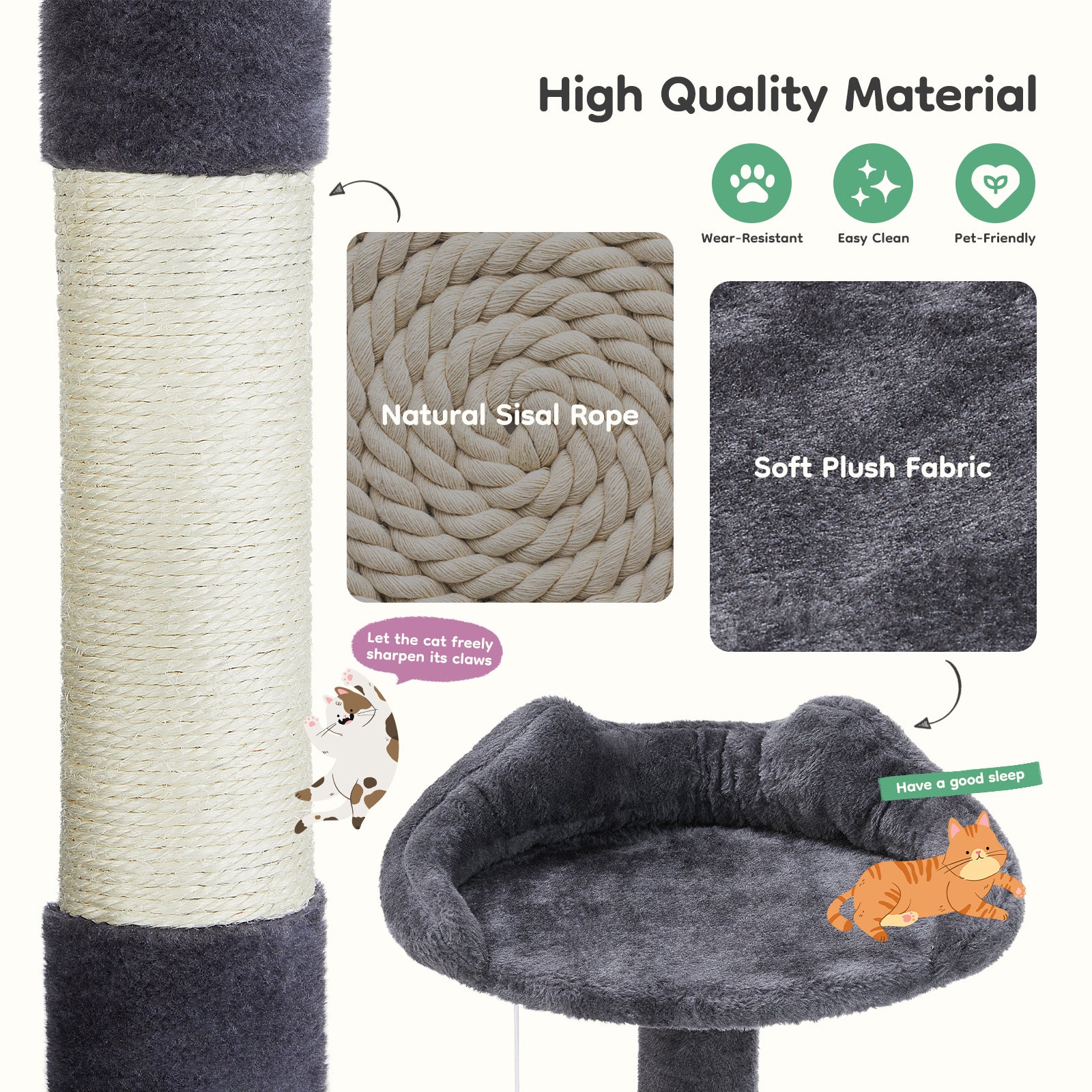 54In Cat Tree, Indoor Cat High Rise Multi Story Tower, Pet Playroom With Large Apartment, Dark Grey Gray Cat Scratch Fabric