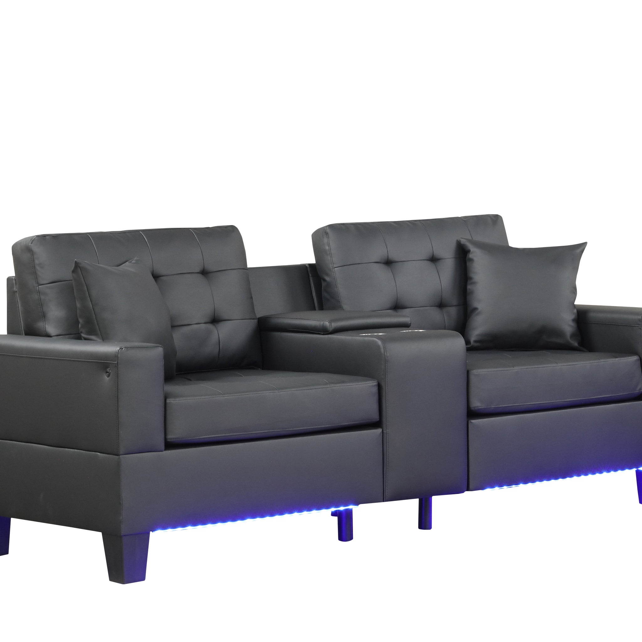 Genesis Black Pvc Fabric Sofa Loveseat Living Room Set With Led Lights, Usb Charger, Storage Console, Cupholders, Tufted Cushions Black Fabric,Pvc 4 Seat