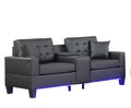 Genesis Black Pvc Fabric Sofa Loveseat Living Room Set With Led Lights, Usb Charger, Storage Console, Cupholders, Tufted Cushions Black Fabric,Pvc 4 Seat