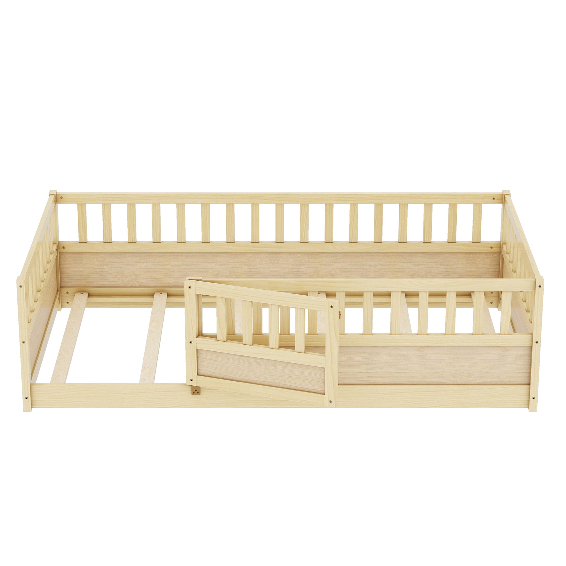 Twin Size Floor Bed, Integral Construction With Super High Security Barrier, Door, Children'S Floor Bed Frame, Montessori Wooden Children'S Floor Bed, Support Slat Natural Wood Box Spring Required