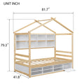 Twin House Bed With Roof Frame, Bedside Shelves, Under Bed Storage Unit,Natural Twin Natural American Design Pine