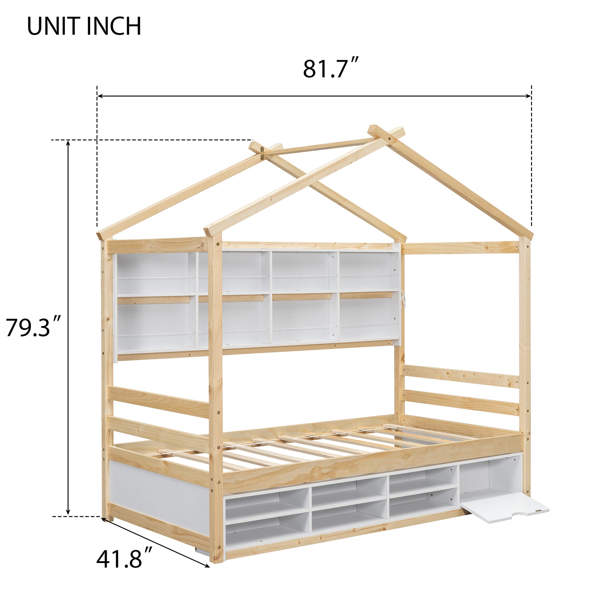 Twin House Bed With Roof Frame, Bedside Shelves, Under Bed Storage Unit,Natural Twin Natural American Design Pine