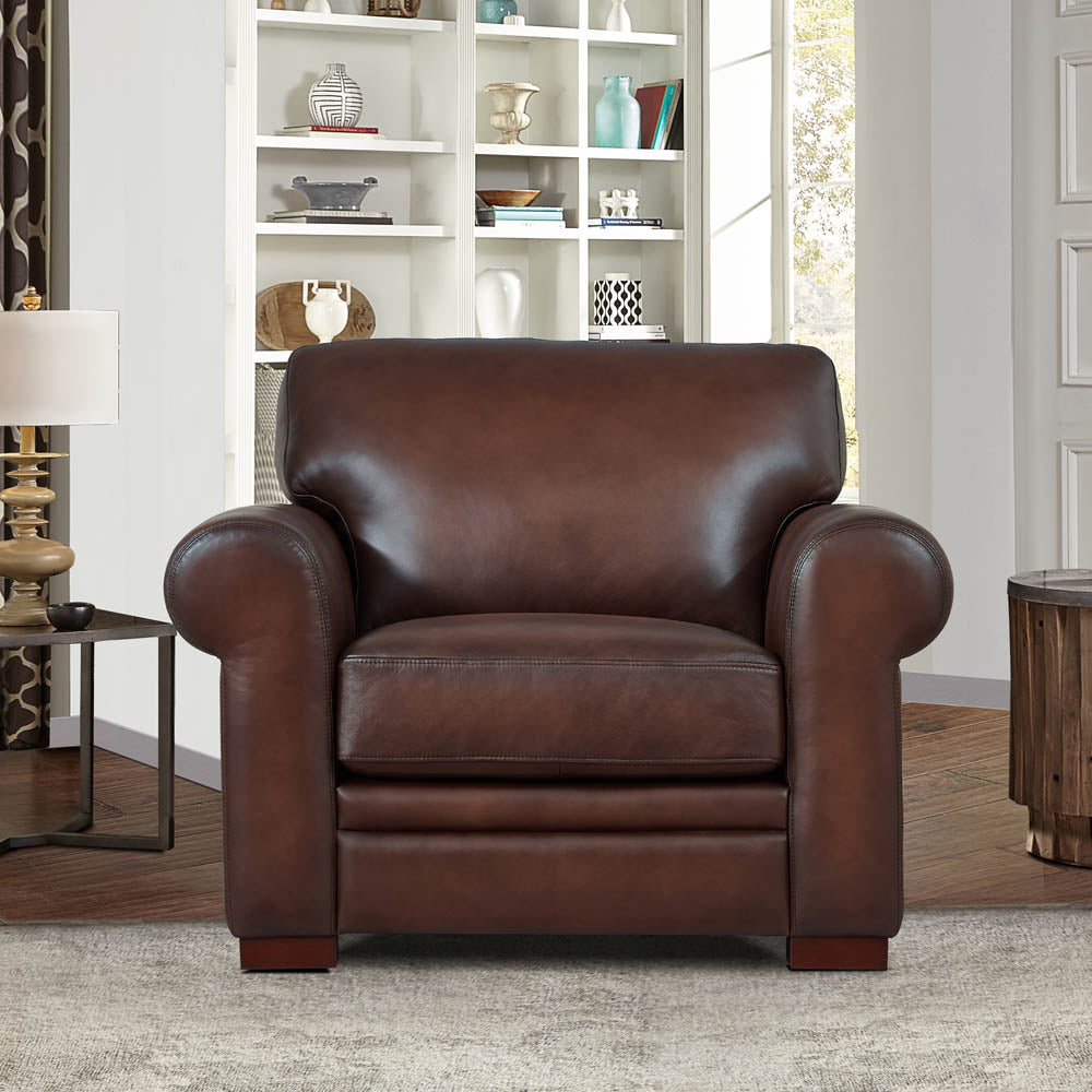 Brookfield Top Grain Leather Chair Caramel Primary Living Space Mid Century Modern Eucalyptus Down Filling Leather