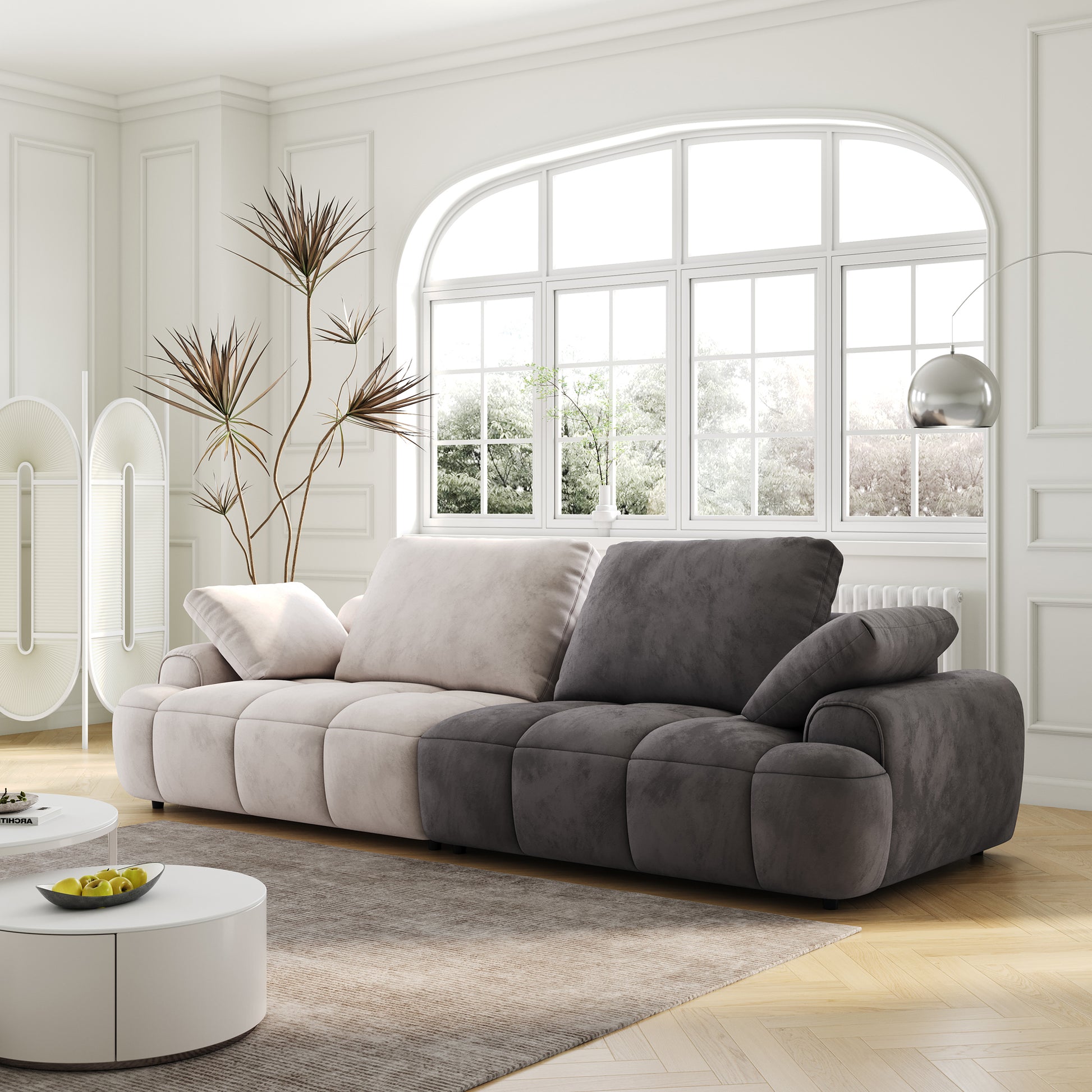 86.6 Large Size Two Seat Sofa,Modern Upholstered,Beige Paired With Grey Suede Fabric Beige Grey Velvet Wood Primary Living Space Soft Modern Eucalyptus Polyurethane Foam Eucalyptus 3 Seat