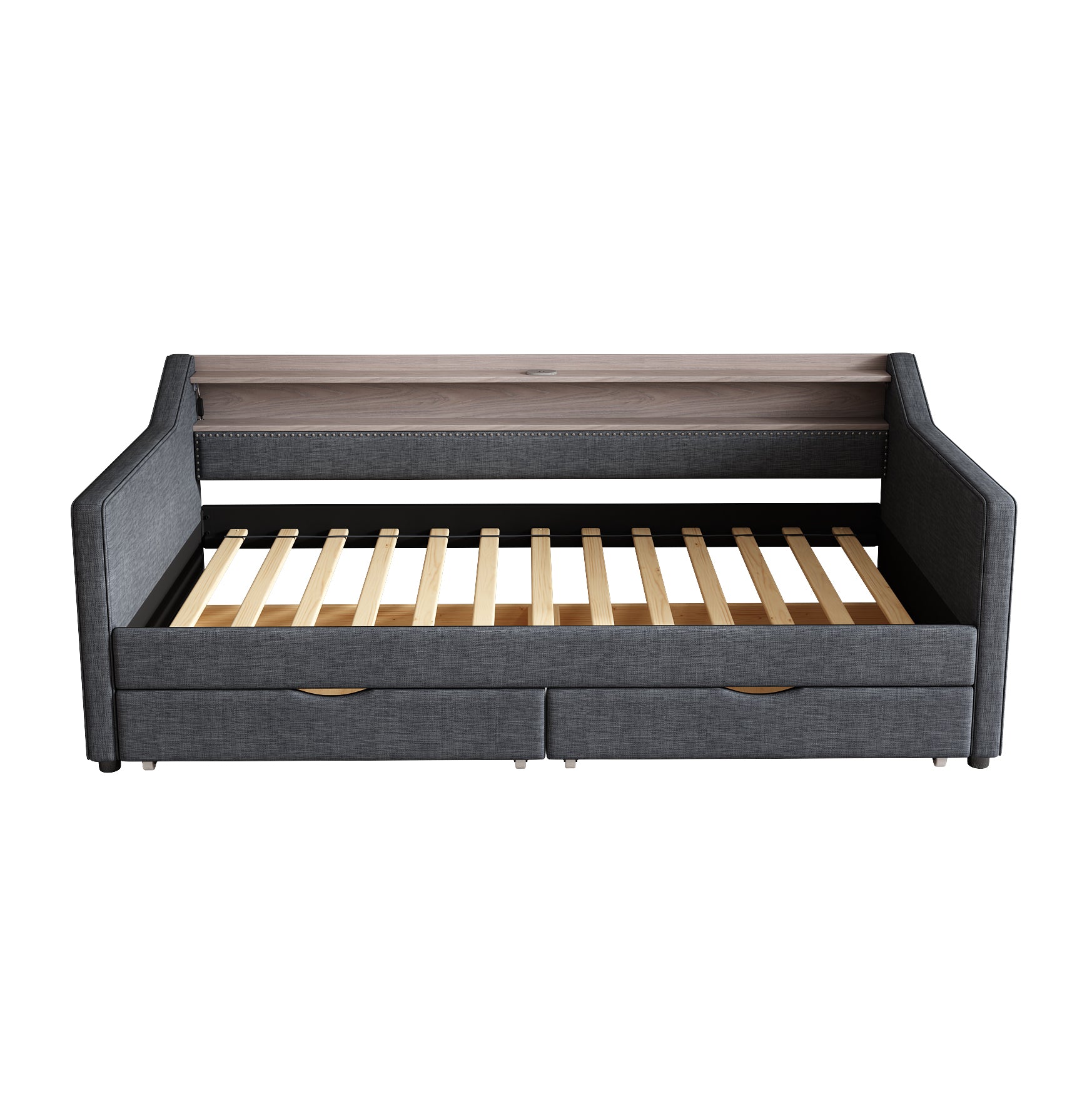 Twin Size Daybed With 2 Storage Drawers And 2 Tier Shelf & Usb Type C Port, Modern Linen Upholstered Sofa Day Bed Frame With Smart Led Light For Livingroom, Apartment, Dark Grey Box Spring Not