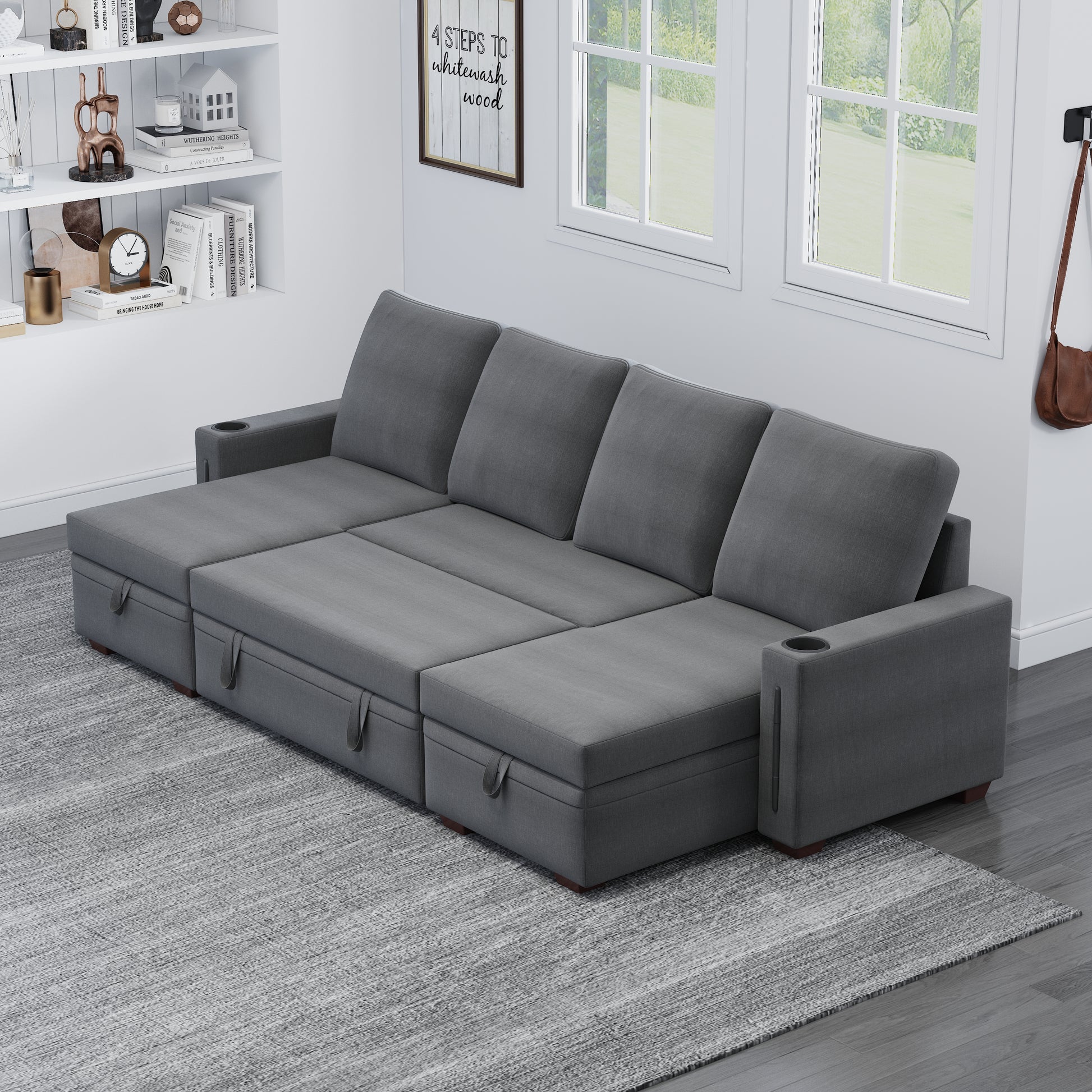 Sectional Sofa With Storage, 96" U Shaped Sectional Couches For Living Room, Comfy Convertible Sectional Sofa Dark Grey Dark Grey Linen Primary Living Space Cushion Back Soft Modern Eucalyptus Square Arms Foam Linen 4 Seat