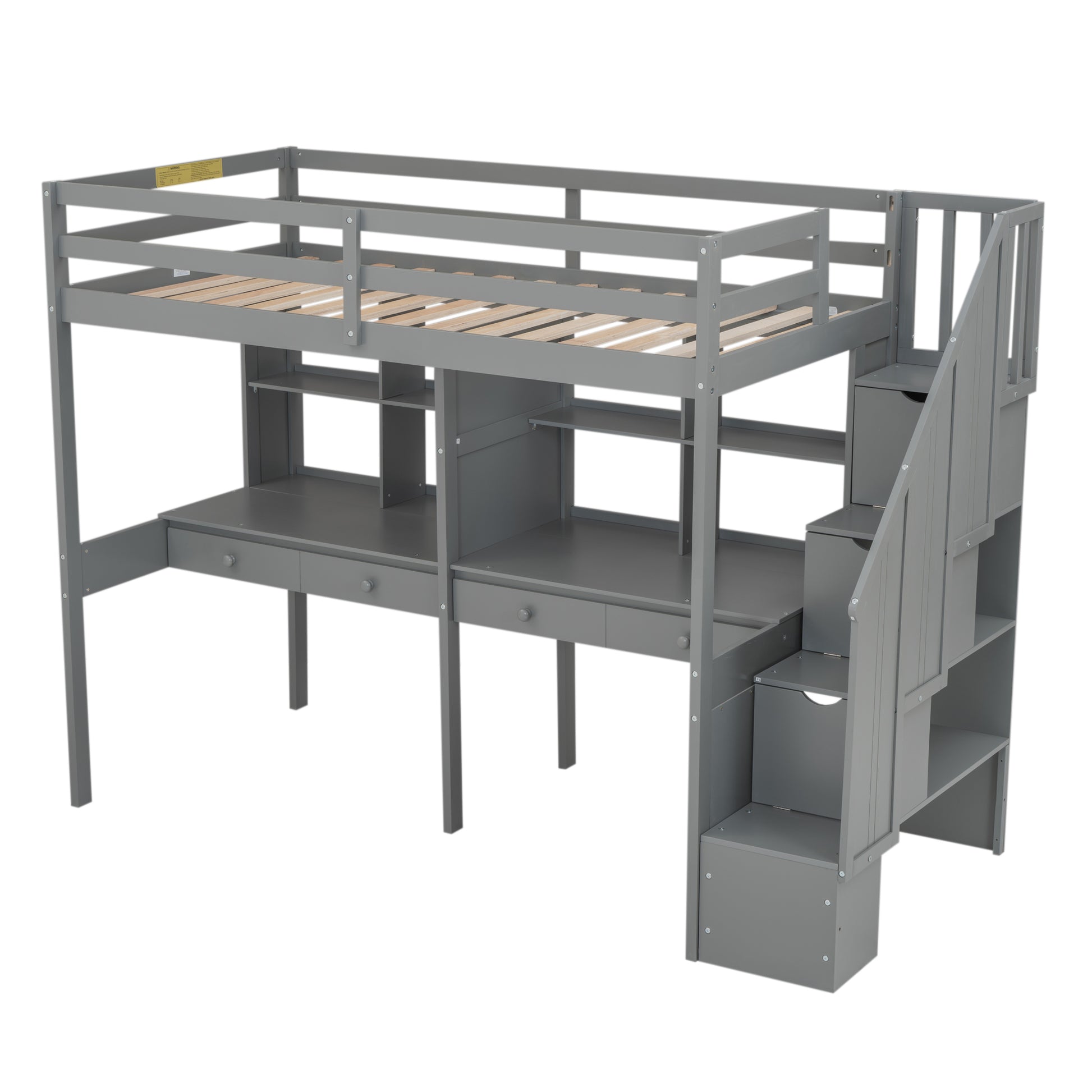 Twin Size Loft Bed Frame With Storage Staircase And Double Desks And Shelves,Gray Twin Gray Solid Wood Mdf